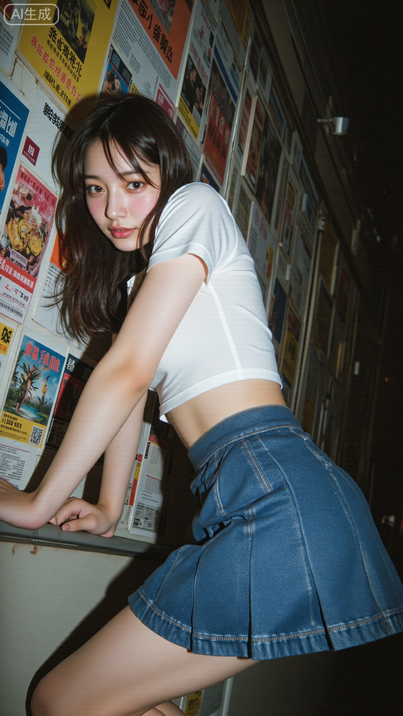 The image features a subject with long, dark hair, dressed in a short-sleeved, cropped white top and a high-waisted, pleated blue mini skirt that ends well above mid-thigh, fitting snugly to accentuate the figure. The subject is captured in a slightly turned pose, leaning forward with one hand resting on a wall covered in a dense collage of overlapping posters, flyers, and advertisements in various colors such as red, yellow, blue, and white, with text in multiple languages, suggesting an urban or vintage environment. The wall appears worn, with visible creases and minor damage, adding to the nostalgic ambiance. The subject's facial expression, partially visible from a side angle, conveys a subtle mix of curiosity and playfulness. The lighting is dim with a warm tone, casting soft shadows that enhance the mood. The composition employs a low-angle perspective, drawing attention to the subject's lower body and the skirt's height, with a sharp focus on the subject against a slightly blurred background. The overall mood is provocative yet nostalgic, blending modern attire with a retro aesthetic. Technically, the image exhibits a deliberate soft-focus effect, contributing to a hazy, dreamlike quality that softens details and edges. Additionally, noticeable grain and noise texture are present, enhancing the vintage aesthetic and adding a tactile, gritty feel to the photograph. The resolution remains moderate, typical of digital photography, with a slightly desaturated color profile featuring a vintage filter effect. The aspect ratio is vertical, approximately 4:5, supporting the focused framing of the subject. a japanese girl!.,XbaifengsongyuYH,Xbigbreasts,XyunxitianmingshiY,XyunxitianmingshiY,XnangongjinY,XnangongjinY2,XshuangjianshinvY,XshuangjianshinvY2,Xzhuapaistyle,Xfuguflim