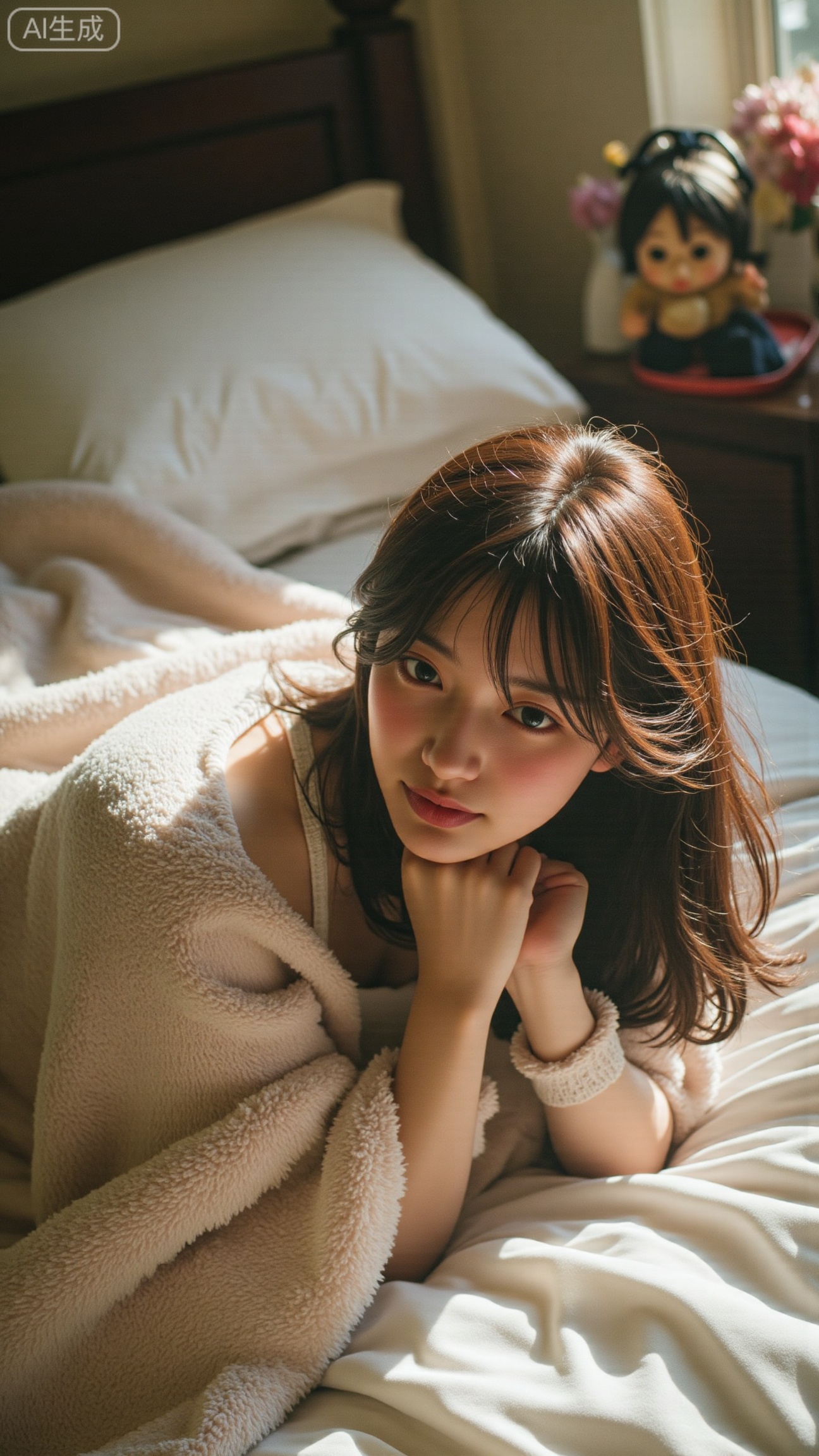 a dreamy intimate portrait of a beautiful realistic asian woman lying under a blanket, soft natural light, cozy warm bedroom, cinematic film grain, 35mm film aesthetic, shallow depth of field, soft focus, delicate skin texture, natural makeup, slightly messy hair, Fujifilm Pro 400H look, pastel warm tones, realistic lighting, subtle haze, gentle atmosphere, by Petra Collins and Ren Hang.,XbaifengsongyuYH,Xbigbreasts,XyunxitianmingshiY,XyunxitianmingshiY,XnangongjinY,XnangongjinY2,XshuangjianshinvY,XshuangjianshinvY2,Xzhuapaistyle,Xfuguflim