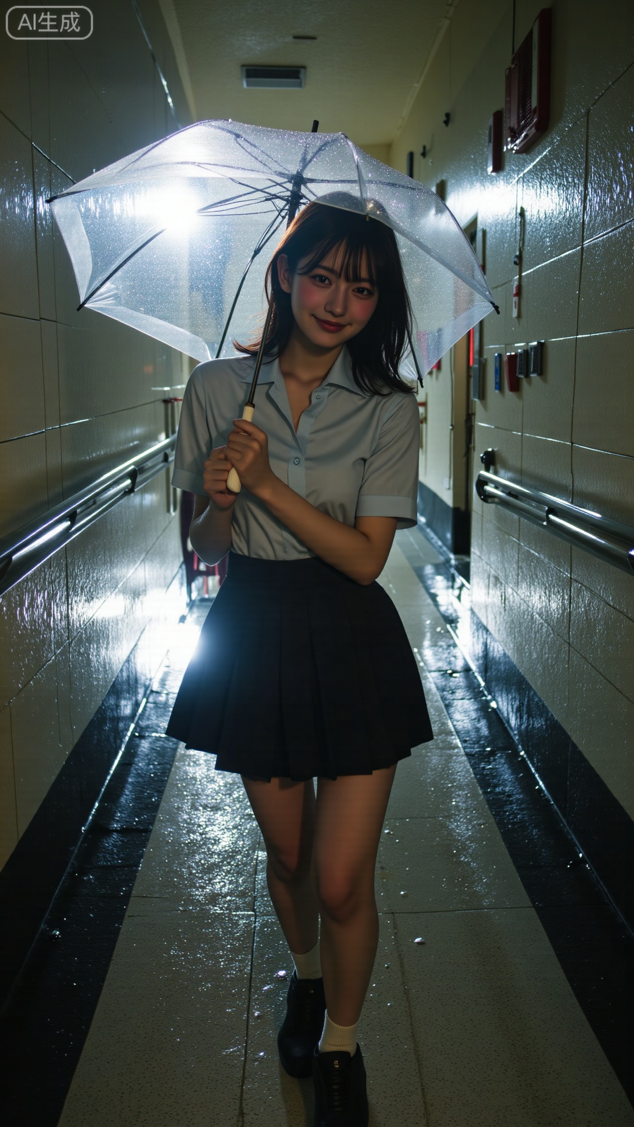 A flash photo captured in a high school hallway during a rainy afternoon. Reflections shimmer on the wet floor tiles as raindrops streak the window glass.

The main subject, a Chinese high school girl holding a transparent umbrella, pauses under the eaves. Her uniform sleeves are slightly damp, and the flash brings out the glint of water droplets on her hair.

She looks toward the camera with a small, knowing smile — calm, introspective, and luminous in the muted light.

The photo’s imperfect framing and the flash’s stark light create a fleeting, dreamlike realism — a moment half between film and memory..,XbaifengsongyuYH,Xbigbreasts,XyunxitianmingshiY,XyunxitianmingshiY,XnangongjinY,XnangongjinY2,XshuangjianshinvY,XshuangjianshinvY2,Xzhuapaistyle,Xfuguflim