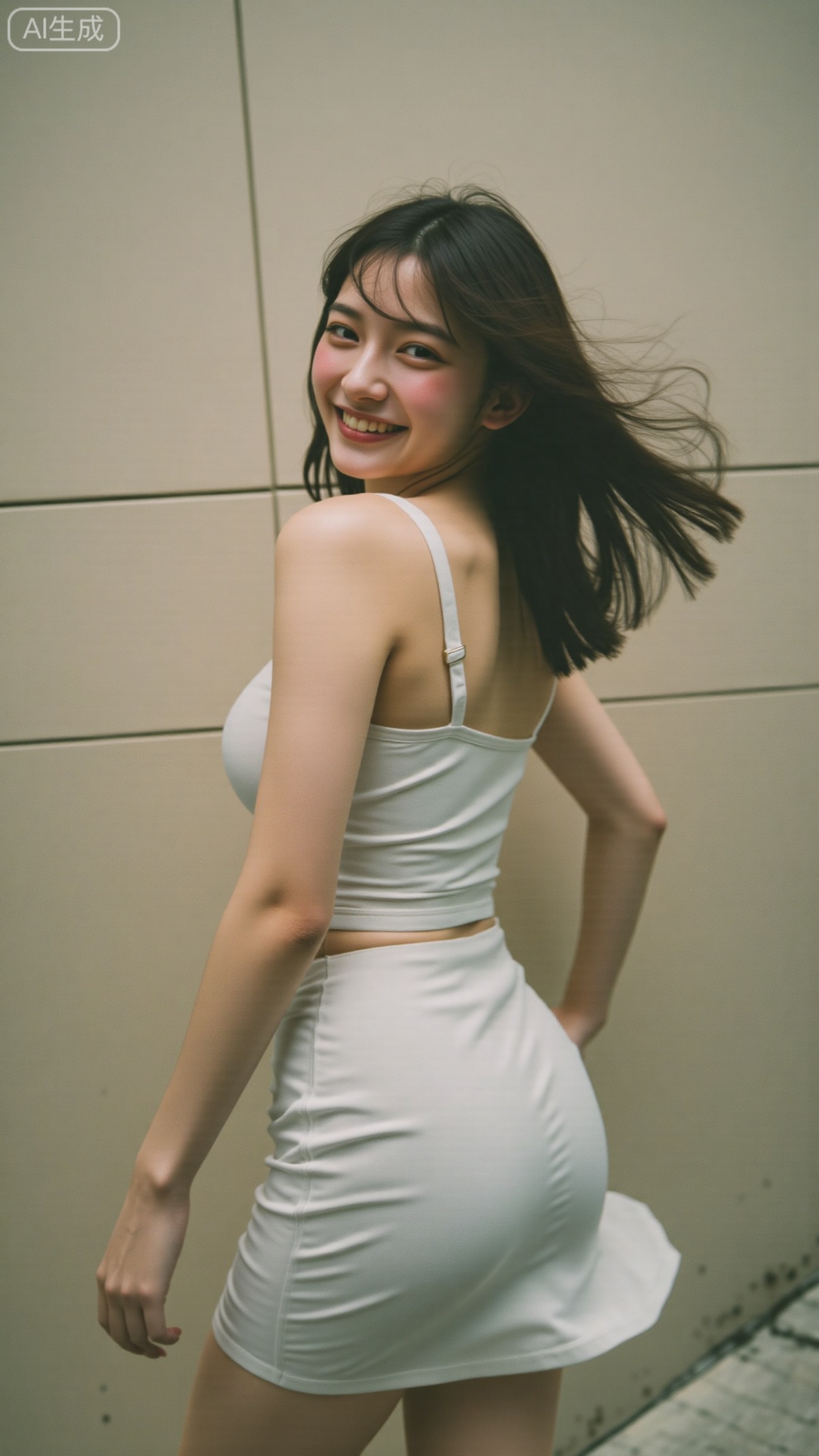 A soft-focus snapshot with a warm, nostalgic tone, capturing a fleeting moment of movement. The subject, a young woman, is turning mid-motion, her hair and skirt swaying lightly as she glances back with a playful smile. The background is a neutral tiled wall, slightly out of focus, giving space for her expression and gesture to dominate the frame.
The lighting is diffused and gentle, producing a creamy texture and slightly hazy highlights. The grain is visible throughout, giving a film-like tactile quality. The focus softness and slight motion blur add to the sense of spontaneity — the image feels like a memory caught between frames.
Her expression is relaxed yet teasing, eyes half-squinted, smile curved as if responding to someone behind the camera. The composition feels casual but intimate, with a low, slightly off-angle shot that enhances the natural energy of the moment.
The overall atmosphere is light, dreamy, and subtly charged — blending innocence and presence, youth and nostalgia. The tone is distinctly Japanese snapshot aesthetic — imperfect, emotional, and alive, like a flash of summer youth suspended in motion..,XbaifengsongyuYH,Xbigbreasts,XyunxitianmingshiY,XyunxitianmingshiY,XnangongjinY,XnangongjinY2,XshuangjianshinvY,XshuangjianshinvY2,Xzhuapaistyle,Xfuguflim