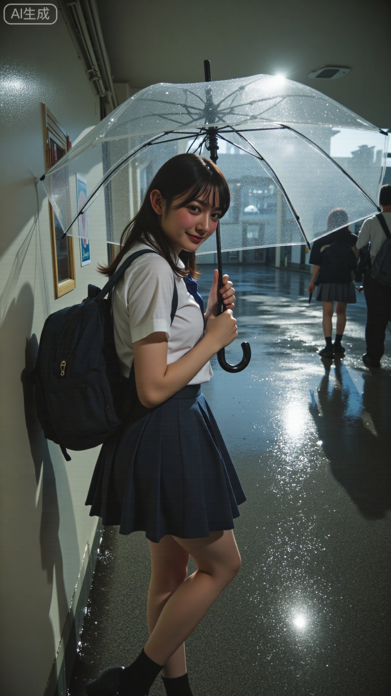 A flash photo captured in a high school hallway during a rainy afternoon. Reflections shimmer on the wet floor tiles as raindrops streak the window glass.

The main subject, a Chinese high school girl holding a transparent umbrella, pauses under the eaves. Her uniform sleeves are slightly damp, and the flash brings out the glint of water droplets on her hair.

She looks toward the camera with a small, knowing smile — calm, introspective, and luminous in the muted light.

The photo’s imperfect framing and the flash’s stark light create a fleeting, dreamlike realism — a moment half between film and memory..,XbaifengsongyuYH,Xbigbreasts,XyunxitianmingshiY,XyunxitianmingshiY,XnangongjinY,XnangongjinY2,XshuangjianshinvY,XshuangjianshinvY2,Xzhuapaistyle,Xfuguflim