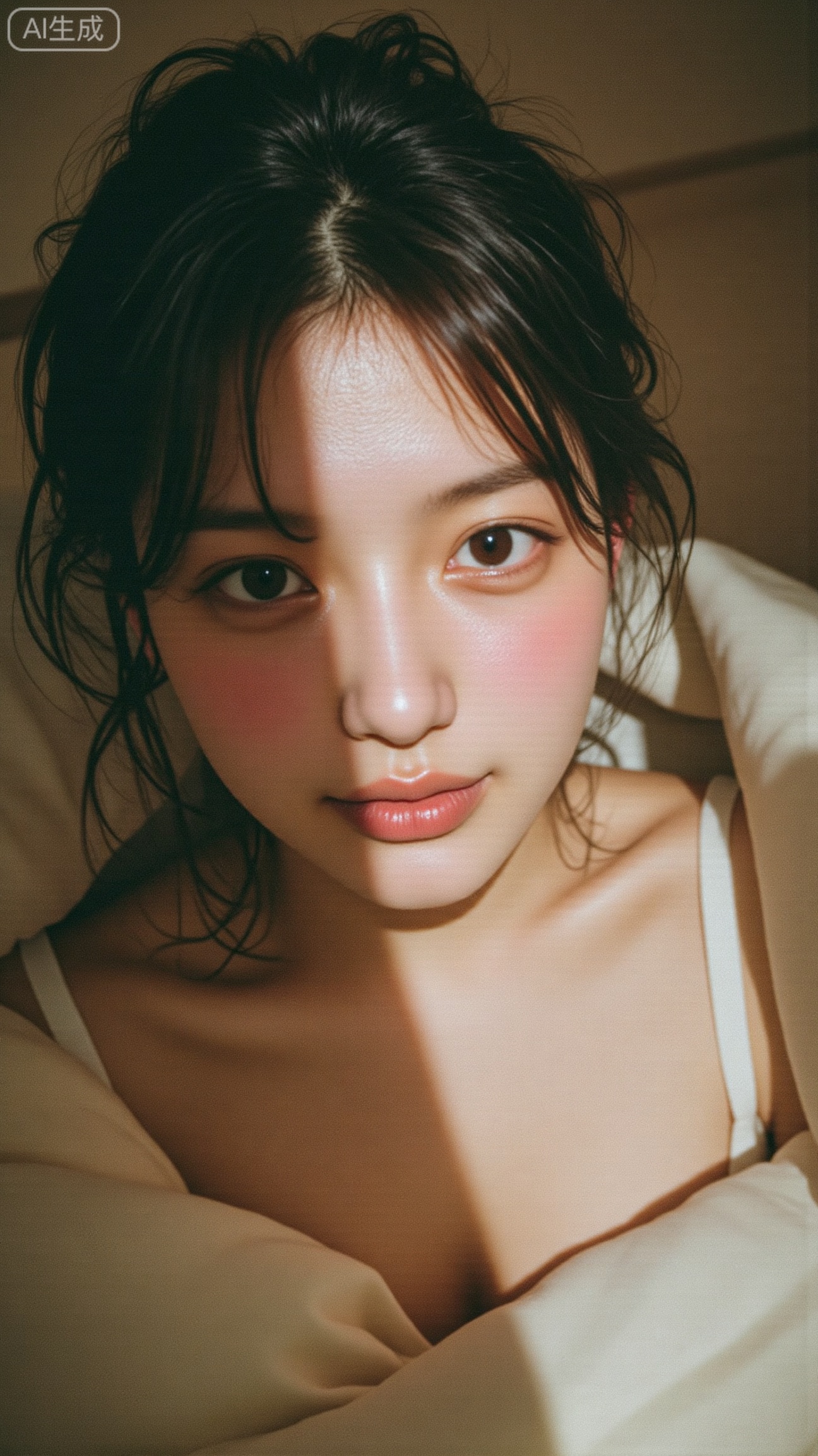 a dreamy intimate portrait of a beautiful realistic asian woman lying under a blanket, soft natural light, cozy warm bedroom, cinematic film grain, 35mm film aesthetic, shallow depth of field, soft focus, delicate skin texture, natural makeup, slightly messy hair, Fujifilm Pro 400H look, pastel warm tones, realistic lighting, subtle haze, gentle atmosphere, by Petra Collins and Ren Hang.,XbaifengsongyuYH,Xbigbreasts,XyunxitianmingshiY,XyunxitianmingshiY,XnangongjinY,XnangongjinY2,XshuangjianshinvY,XshuangjianshinvY2,Xzhuapaistyle,Xfuguflim