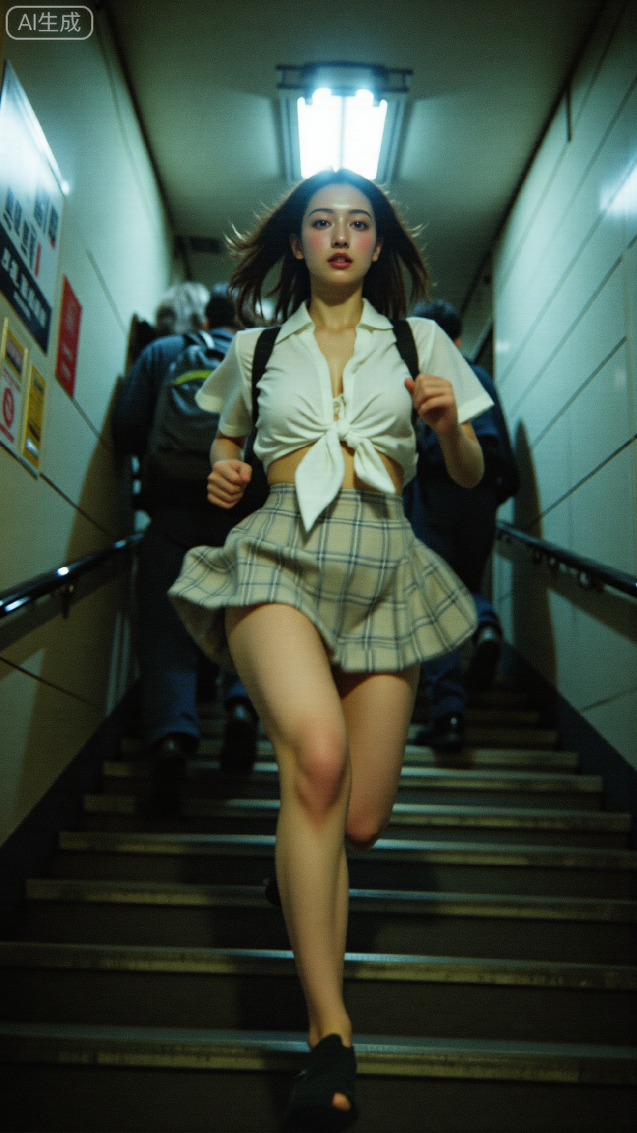 A blurry, high-grain snapshot taken in a Tokyo subway stairwell, charged with motion, humidity, and raw urban energy. The air feels thick and fluorescent, lit by overhead tube lights that cast a cold green-blue tint across the frame. The film grain, chromatic aberration, and lens distortion add a tactile sense of chaos — a fleeting instant suspended mid-run.

At the center, a young woman in a tied white shirt and short plaid skirt is caught mid-step, descending the stairs. Her movement blurs, skirt flaring slightly, hair swept by motion. The focus drifts between her and the background, giving the shot a dreamlike disorientation, as if seen through memory or **********.

Her expression holds the entire frame together — eyes open, lips slightly parted, cheeks flushed, as if between alertness and vulnerability. There’s no posed awareness, only instinct — a moment stolen from time.

Around her, commuters blur into silhouettes, the hallway tight and echoing, the walls reflecting harsh fluorescent glare. The composition feels accidental yet perfect: tilted, urgent, intimate.

The atmosphere is electric and nostalgic, a mix of youth, motion, and fleeting emotion, like a fragment from a fever dream or an afterimage burned into film — not cinematic, but hyper-real, the kind of moment only disposable-camera photography captures: alive, imperfect, and painfully real..,XbaifengsongyuYH,Xbigbreasts,XyunxitianmingshiY,XyunxitianmingshiY,XnangongjinY,XnangongjinY2,XshuangjianshinvY,XshuangjianshinvY2,Xzhuapaistyle,Xfuguflim