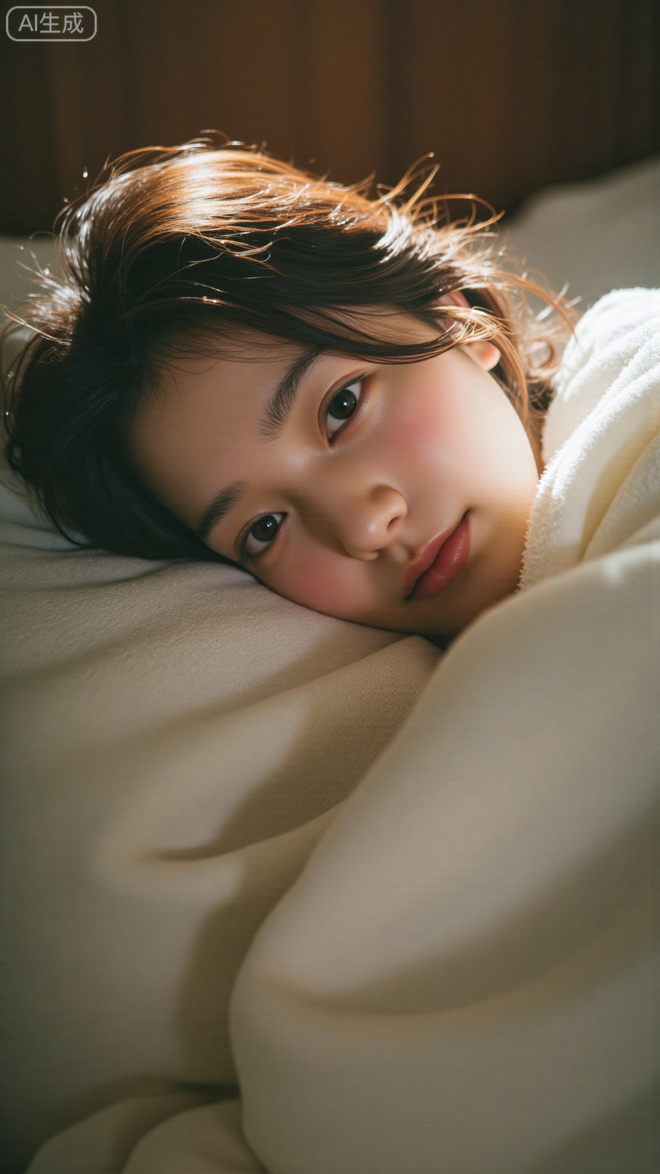 a dreamy intimate portrait of a beautiful realistic asian woman lying under a blanket, soft natural light, cozy warm bedroom, cinematic film grain, 35mm film aesthetic, shallow depth of field, soft focus, delicate skin texture, natural makeup, slightly messy hair, Fujifilm Pro 400H look, pastel warm tones, realistic lighting, subtle haze, gentle atmosphere, by Petra Collins and Ren Hang.,XbaifengsongyuYH,Xbigbreasts,XyunxitianmingshiY,XyunxitianmingshiY,XnangongjinY,XnangongjinY2,XshuangjianshinvY,XshuangjianshinvY2,Xzhuapaistyle,Xfuguflim