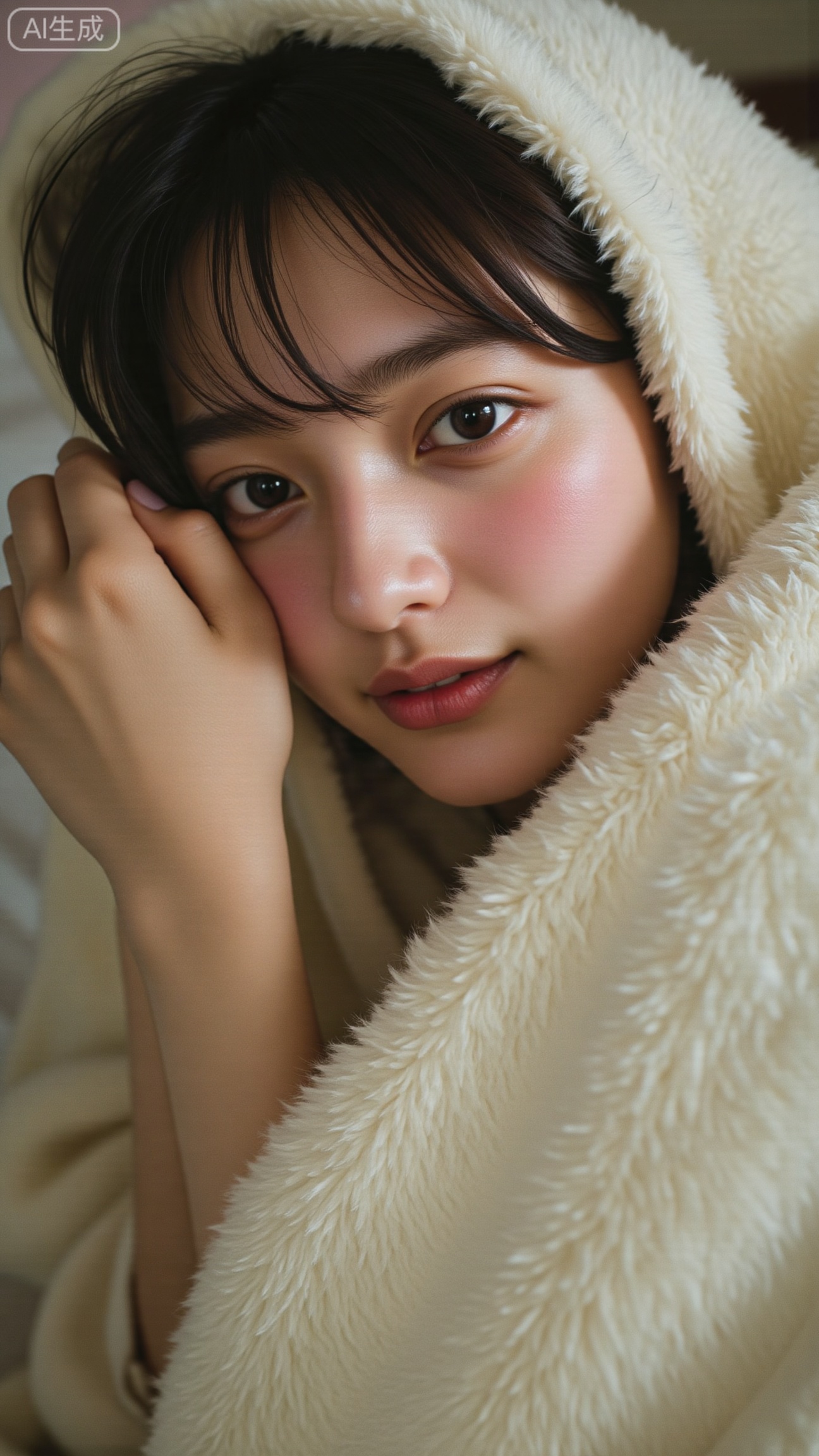 a dreamy intimate portrait of a beautiful realistic asian woman lying under a blanket, soft natural light, cozy warm bedroom, cinematic film grain, 35mm film aesthetic, shallow depth of field, soft focus, delicate skin texture, natural makeup, slightly messy hair, Fujifilm Pro 400H look, pastel warm tones, realistic lighting, subtle haze, gentle atmosphere, by Petra Collins and Ren Hang,Xbigbreasts,XbaifengsongyuYH,XhanyunzhiXY,XliuyuY,XyunxitianmingshiY,XyunxitianmingshiY,XnangongjinY2,XshuangjianshinvY2,Xzhuapaistyle,Xfuguflim