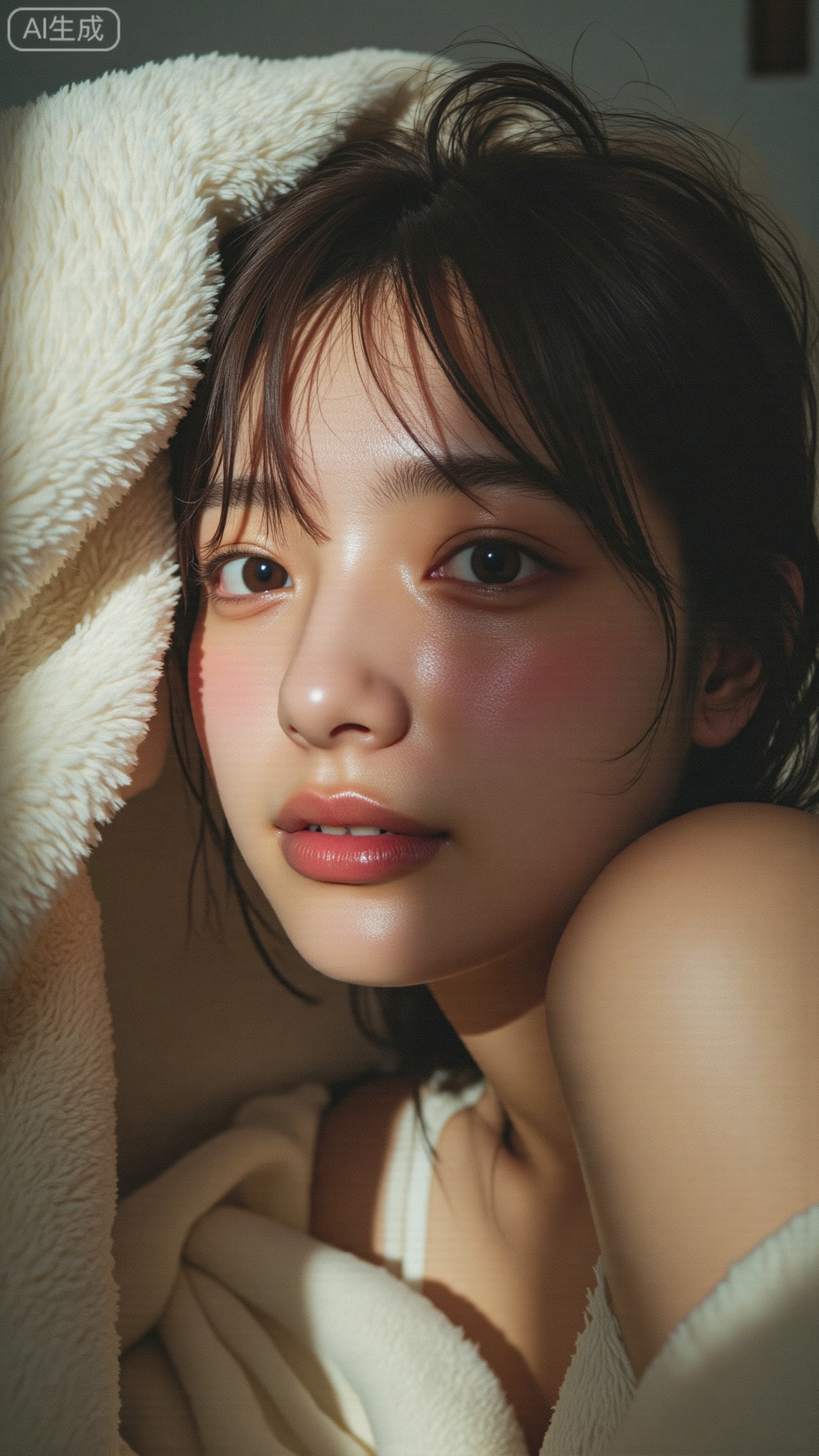 a dreamy intimate portrait of a beautiful realistic asian woman lying under a blanket, soft natural light, cozy warm bedroom, cinematic film grain, 35mm film aesthetic, shallow depth of field, soft focus, delicate skin texture, natural makeup, slightly messy hair, Fujifilm Pro 400H look, pastel warm tones, realistic lighting, subtle haze, gentle atmosphere, by Petra Collins and Ren Hang,Xbigbreasts,XbaifengsongyuYH,XhanyunzhiXY,XliuyuY,XyunxitianmingshiY,XyunxitianmingshiY,XnangongjinY2,XshuangjianshinvY2,Xzhuapaistyle,Xfuguflim