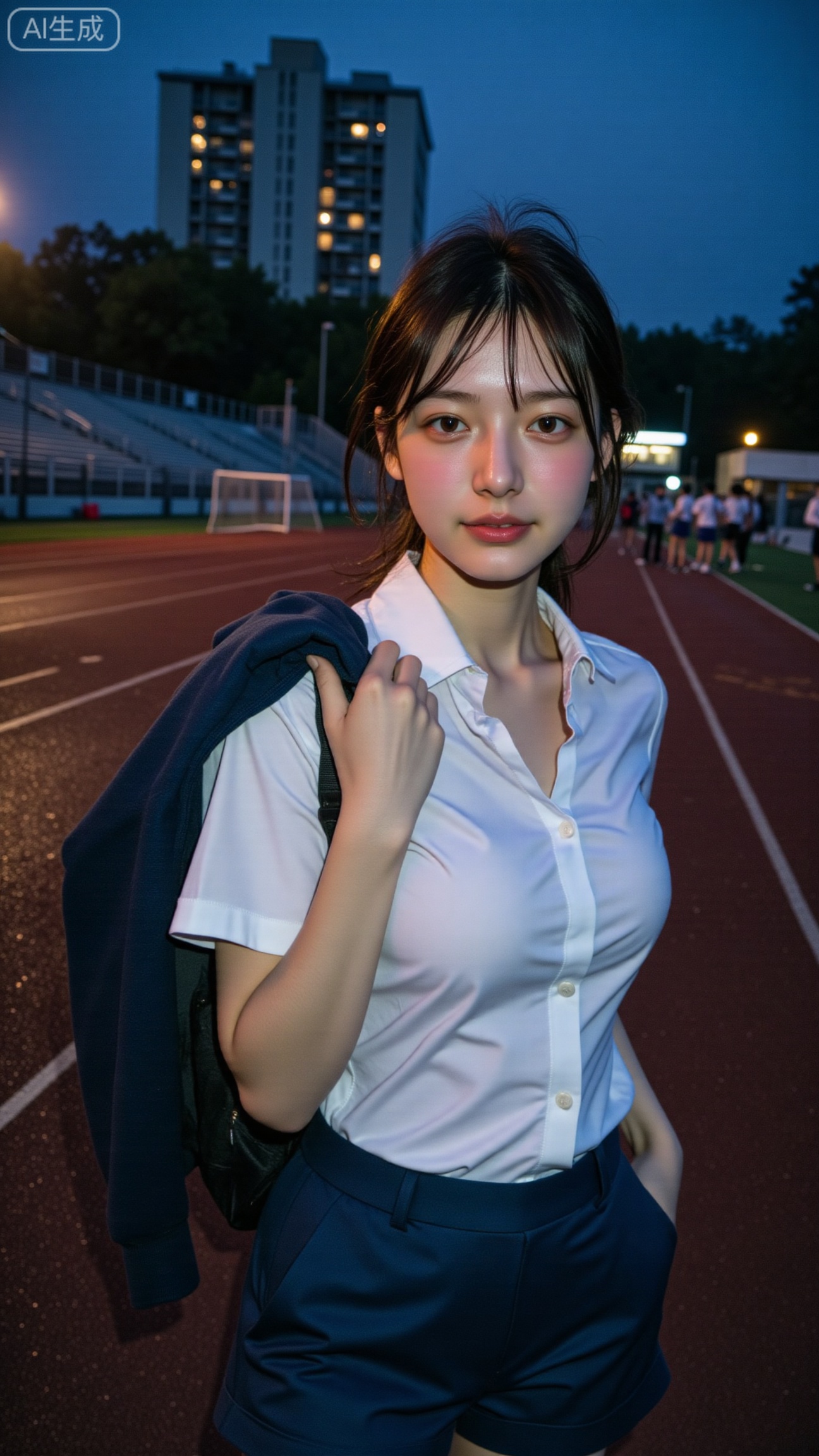 A flash photo captured at dusk on a Chinese high school track field, where the last light of sunset fades behind tall school buildings. The flash contrasts the deep blue sky, making the subject pop vividly.
A high school girl stands near the running lane, holding her sports jacket over one shoulder. Her uniform shirt glows white under the flash, slightly wrinkled from PE class. Her hair is wind-tossed, a few strands catching the light.
She looks into the camera with a calm, distant expression — reflective, almost cinematic. Her eyes shine against the dim background of goalposts and classmates packing up.
The composition feels raw and slightly melancholic, evoking memories of after-school moments that felt endless yet fleeting..,Xbigbreasts,XbaifengsongyuYH,XhanyunzhiXY,XliuyuY,XyunxitianmingshiY,XyunxitianmingshiY,XnangongjinY2,XshuangjianshinvY2,Xzhuapaistyle,Xfuguflim