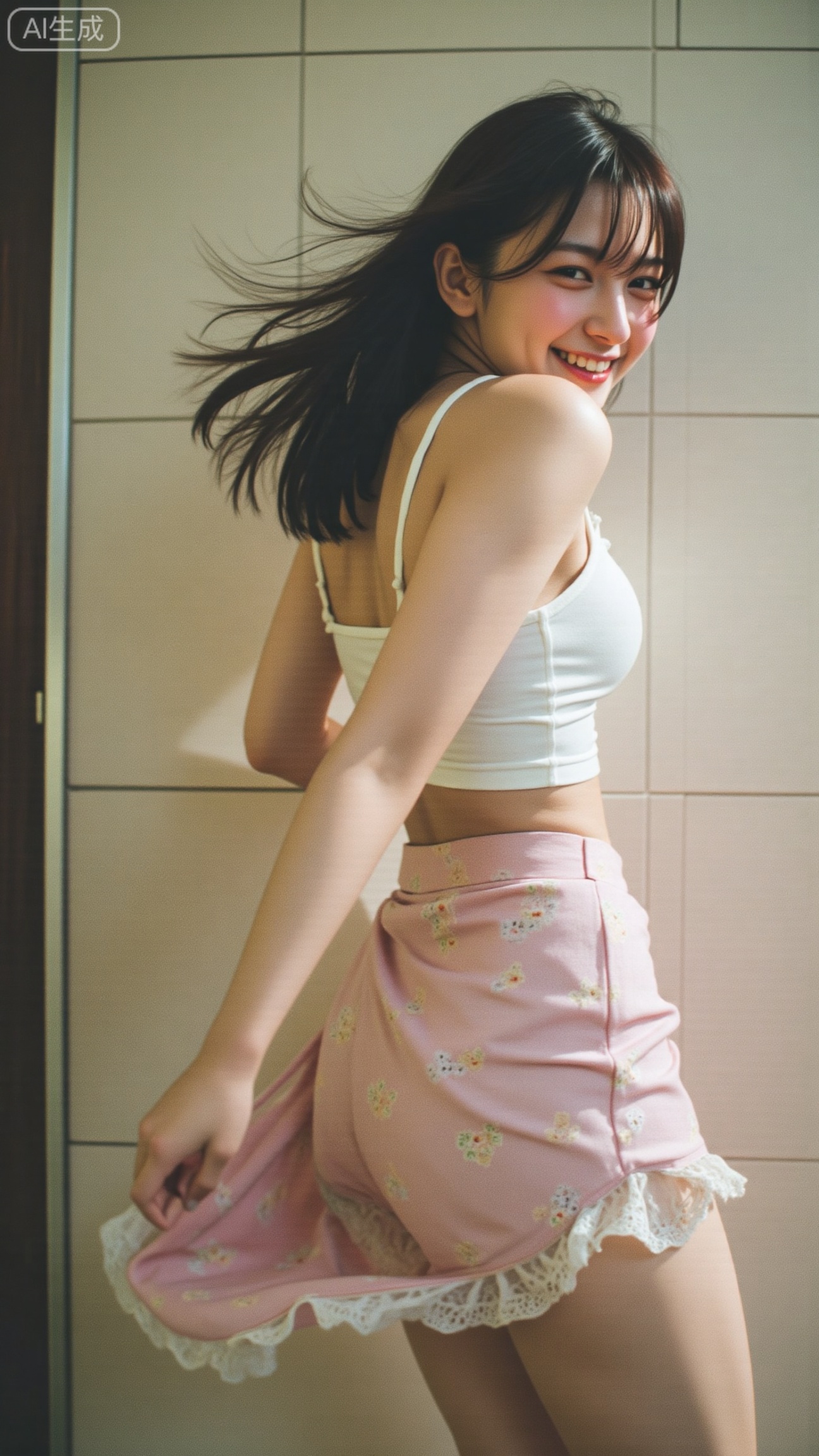 A soft-focus snapshot with a warm, nostalgic tone, capturing a fleeting moment of movement. The subject, a young woman, is turning mid-motion, her hair and skirt swaying lightly as she glances back with a playful smile. The background is a neutral tiled wall, slightly out of focus, giving space for her expression and gesture to dominate the frame.
The lighting is diffused and gentle, producing a creamy texture and slightly hazy highlights. The grain is visible throughout, giving a film-like tactile quality. The focus softness and slight motion blur add to the sense of spontaneity — the image feels like a memory caught between frames.
Her expression is relaxed yet teasing, eyes half-squinted, smile curved as if responding to someone behind the camera. The composition feels casual but intimate, with a low, slightly off-angle shot that enhances the natural energy of the moment.
The overall atmosphere is light, dreamy, and subtly charged — blending innocence and presence, youth and nostalgia. The tone is distinctly Japanese snapshot aesthetic — imperfect, emotional, and alive, like a flash of summer youth suspended in motion..,Xbigbreasts,XbaifengsongyuYH,XhanyunzhiXY,XliuyuY,XyunxitianmingshiY,XyunxitianmingshiY,XnangongjinY2,XshuangjianshinvY2,Xzhuapaistyle,Xfuguflim