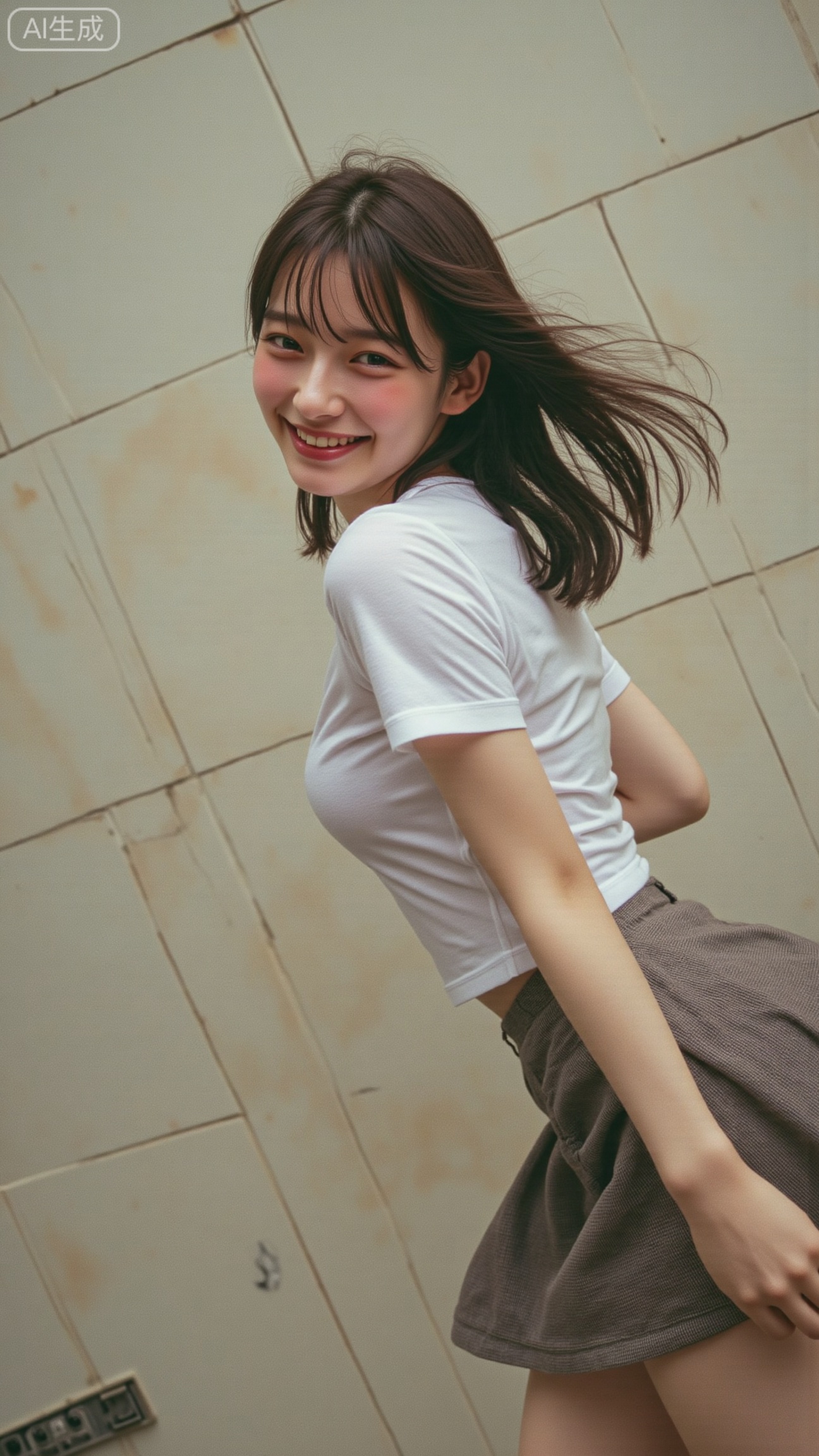 A soft-focus snapshot with a warm, nostalgic tone, capturing a fleeting moment of movement. The subject, a young woman, is turning mid-motion, her hair and skirt swaying lightly as she glances back with a playful smile. The background is a neutral tiled wall, slightly out of focus, giving space for her expression and gesture to dominate the frame.
The lighting is diffused and gentle, producing a creamy texture and slightly hazy highlights. The grain is visible throughout, giving a film-like tactile quality. The focus softness and slight motion blur add to the sense of spontaneity — the image feels like a memory caught between frames.
Her expression is relaxed yet teasing, eyes half-squinted, smile curved as if responding to someone behind the camera. The composition feels casual but intimate, with a low, slightly off-angle shot that enhances the natural energy of the moment.
The overall atmosphere is light, dreamy, and subtly charged — blending innocence and presence, youth and nostalgia. The tone is distinctly Japanese snapshot aesthetic — imperfect, emotional, and alive, like a flash of summer youth suspended in motion..,Xbigbreasts,XbaifengsongyuYH,XhanyunzhiXY,XliuyuY,XyunxitianmingshiY,XyunxitianmingshiY,XnangongjinY2,XshuangjianshinvY2,Xzhuapaistyle,Xfuguflim