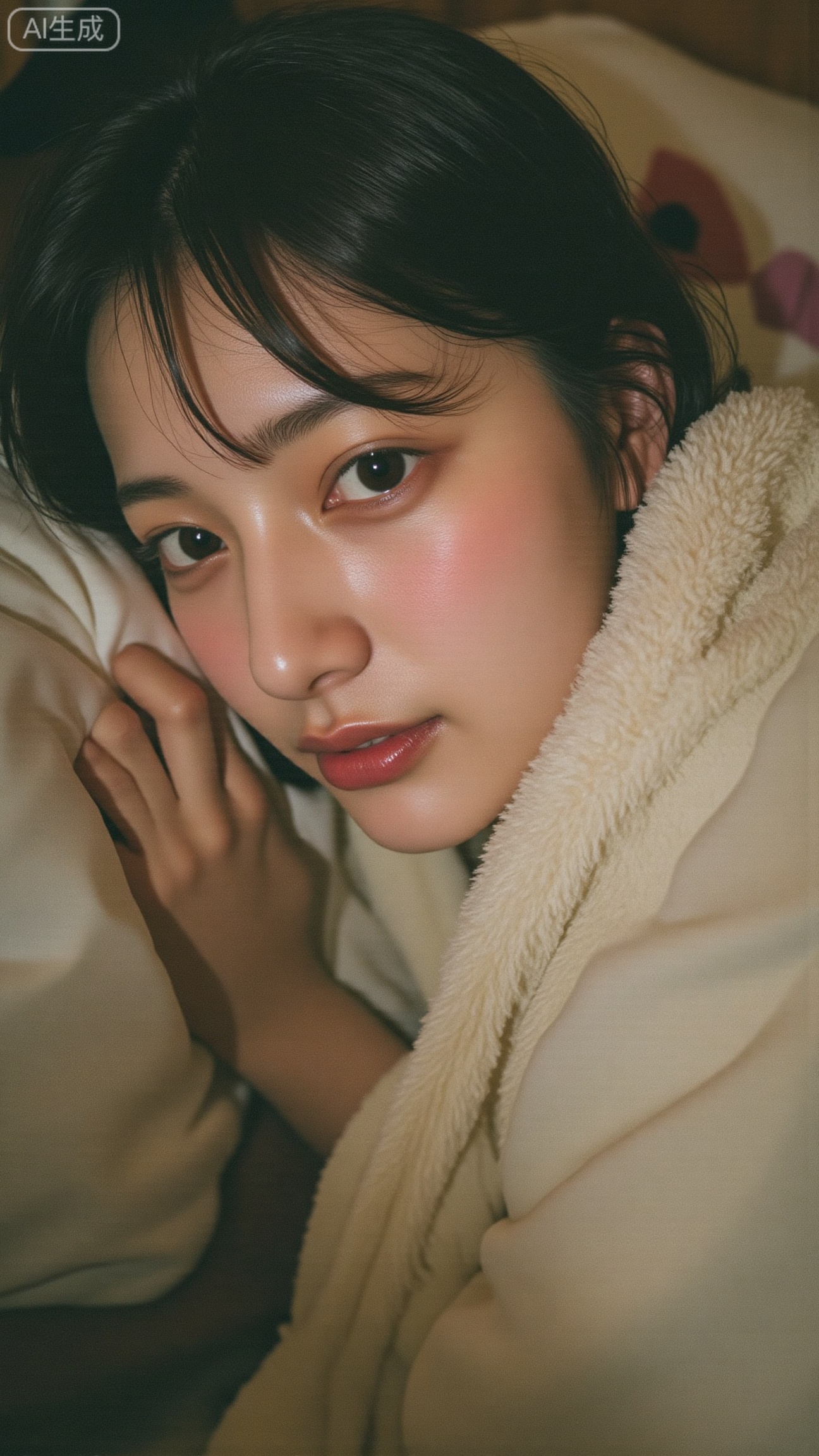 a dreamy intimate portrait of a beautiful realistic asian woman lying under a blanket, soft natural light, cozy warm bedroom, cinematic film grain, 35mm film aesthetic, shallow depth of field, soft focus, delicate skin texture, natural makeup, slightly messy hair, Fujifilm Pro 400H look, pastel warm tones, realistic lighting, subtle haze, gentle atmosphere, by Petra Collins and Ren Hang,Xbigbreasts,XbaifengsongyuYH,XhanyunzhiXY,XliuyuY,XyunxitianmingshiY,XyunxitianmingshiY,XnangongjinY2,XshuangjianshinvY2,Xzhuapaistyle,Xfuguflim