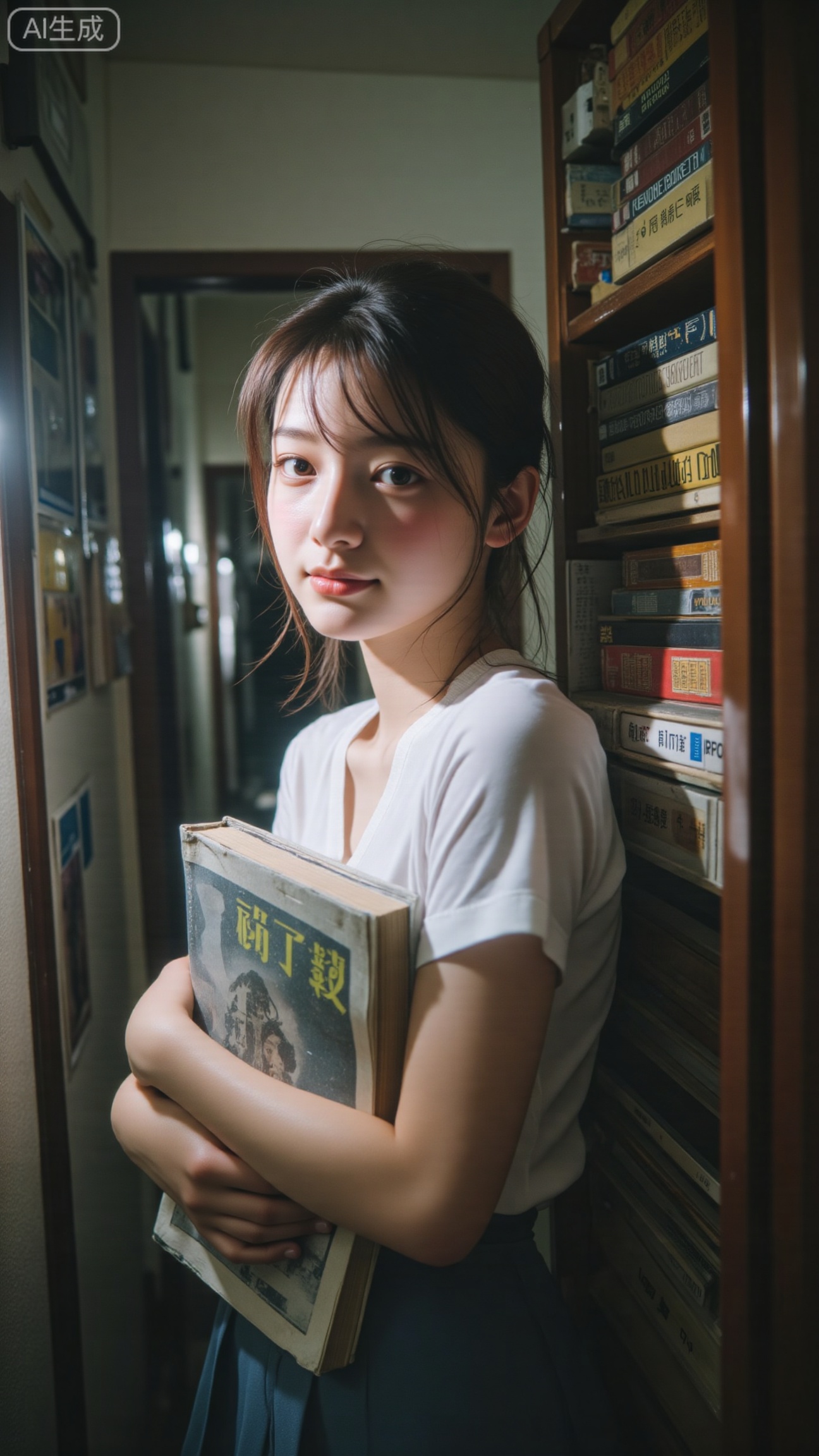 A flash snapshot taken in a narrow school library corridor lined with wooden shelves and old textbooks. The air feels dusty and still.

A Chinese high school girl stands near a window, holding a stack of books against her chest. Her white shirt catches the flash, casting crisp shadows across her face.

She glances sideways toward the camera, expression unreadable — a mix of shyness and quiet confidence. The flash highlights the fine dust particles floating in the air, adding texture and nostalgia.

The image feels like a memory from another era, simple yet charged with unspoken emotion.,Xbigbreasts,XbaifengsongyuYH,XhanyunzhiXY,XliuyuY,XyunxitianmingshiY,XyunxitianmingshiY,XnangongjinY2,XshuangjianshinvY2,Xzhuapaistyle,Xfuguflim