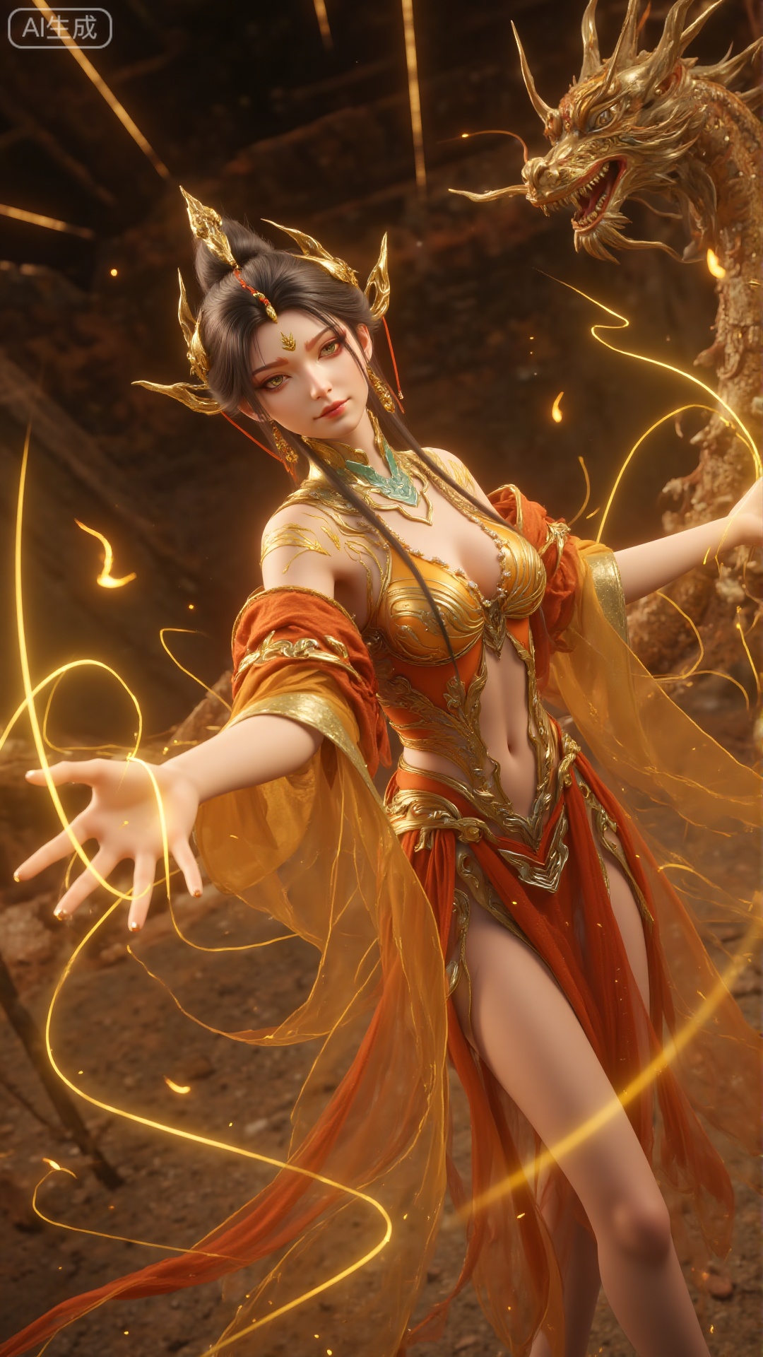 a digital painting of a woman in a golden costume

adorned with a green necklace and white pearls. Her hair is adorned with golden crowns

adding a touch of sparkle to the scene. The woman's costume is reminiscent of an Asian woman

with her arms outstretched and her head tilted slightly to the side. The background is blurred

creating a stark contrast to the golden costume. To the right of the woman

there is a dragon-like structure

adding to the overall composition of the image.

