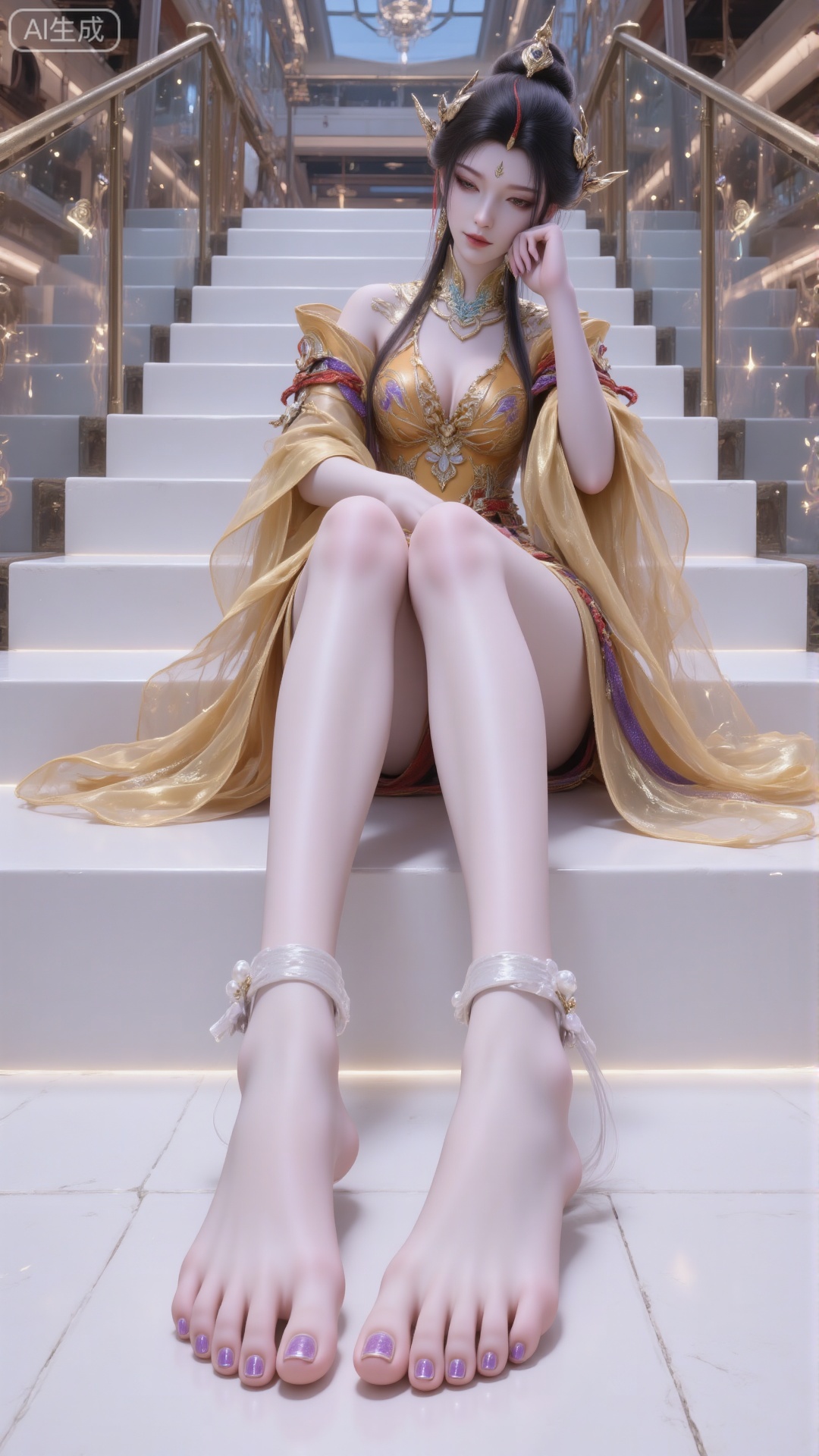 a close-up shot of a Chinese woman

adorned with a crown

is adorned with gold and red accents. She is dressed in a flowing costume

adorned in gold

red

and white pearls. Her hair is dark brown

and her eyes are closed

as if she is sleeping. Her arms are wrapped around her waist

adding a touch of balance to her figure. The background is blurred

suggesting a natural setting.
Sheng Kai'er, perfect figure, yellow clothes, scenery, clear focus, beautiful anime eyes, exquisite details, realistic skin, complex details, perfect body structure: 1.2, facing up The structure is very good. The text, text, and images depict a young woman with full breasts sitting on a modern white staircase platform, and the background seems to be a modern indoor environment, like a shopping center
The woman is sitting with her right leg on the platform and her left leg extended outward Her right hand is placed on her cheek, her left arm is bent, and her hand is placed on her thigh, forming a relaxed and elegant posture Her two long legs are slender and symmetrical, elegant and charming, becoming the center of the picture
This lady's expression is confident, but slightly thoughtful Her eyes were fixed on the audience, her lips tightly closed, with a subtle and knowing smile
The scene design is simple, modern and fashionable The platform she is sitting on is white, with a smooth and clean surface Behind her is a huge glass wall, reflecting the interior of the space and adding depth to the image Bright and uniform lighting is a typical feature of well lit indoor environments, highlighting women and their clothing
Heel decoration: 1.3, purple heel decoration: 1.4, black hair: 1.3, white transparent stockings: barefoot, purple nail polish
