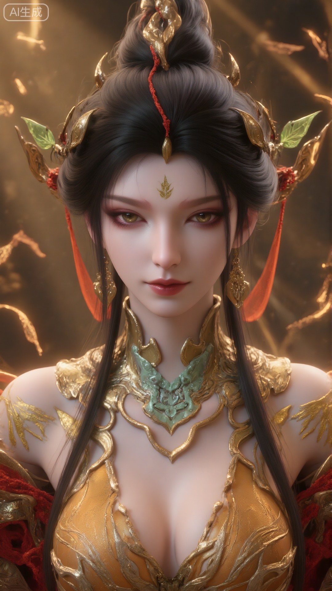 a close-up shot of an Asian woman with long dark hair adorned with a crown and a necklace. The woman's eyes are adorned wi...