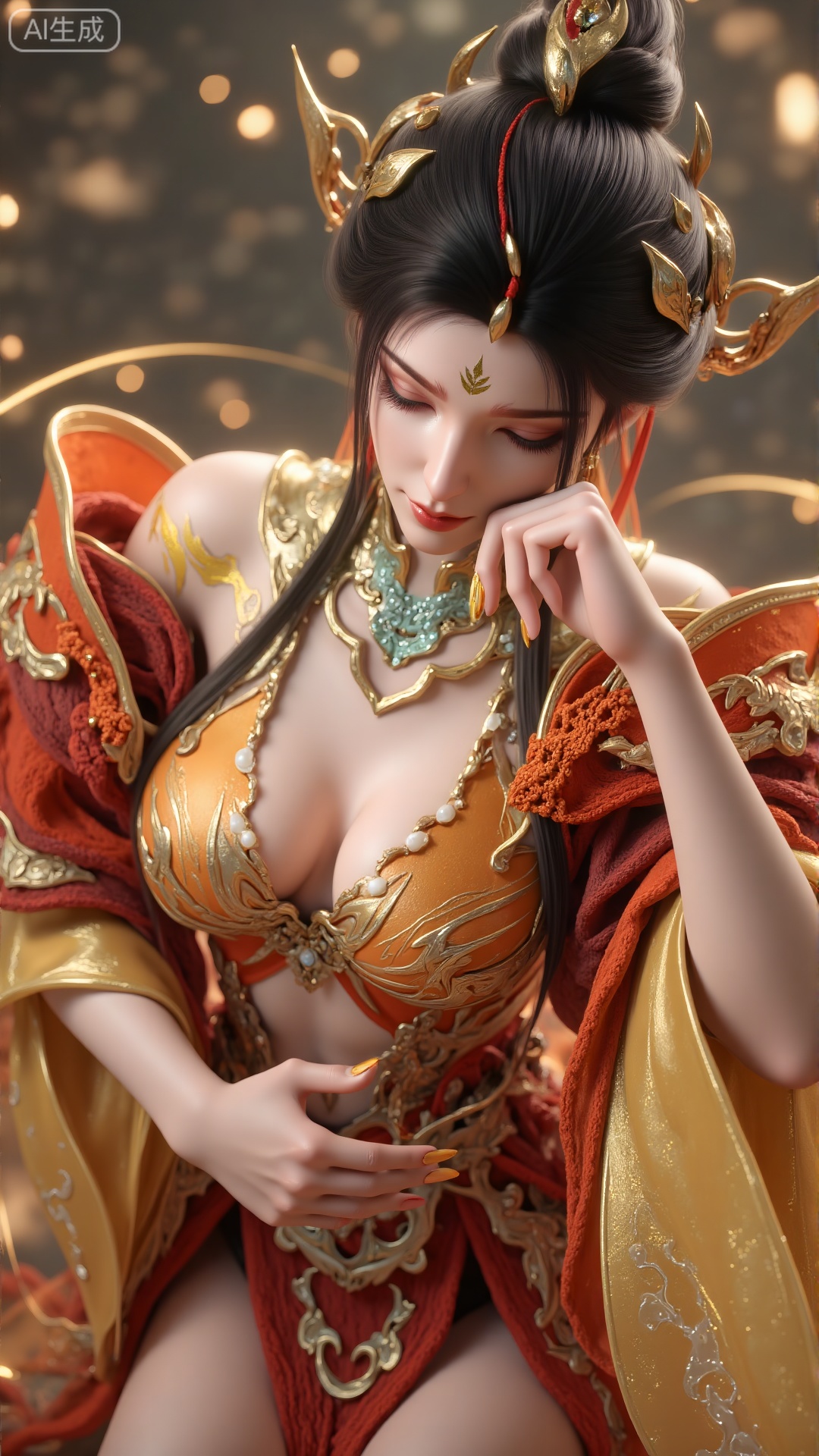 a close-up shot of a Chinese woman adorned with a crown is adorned with gold and red accents. She is dressed in a flowing...