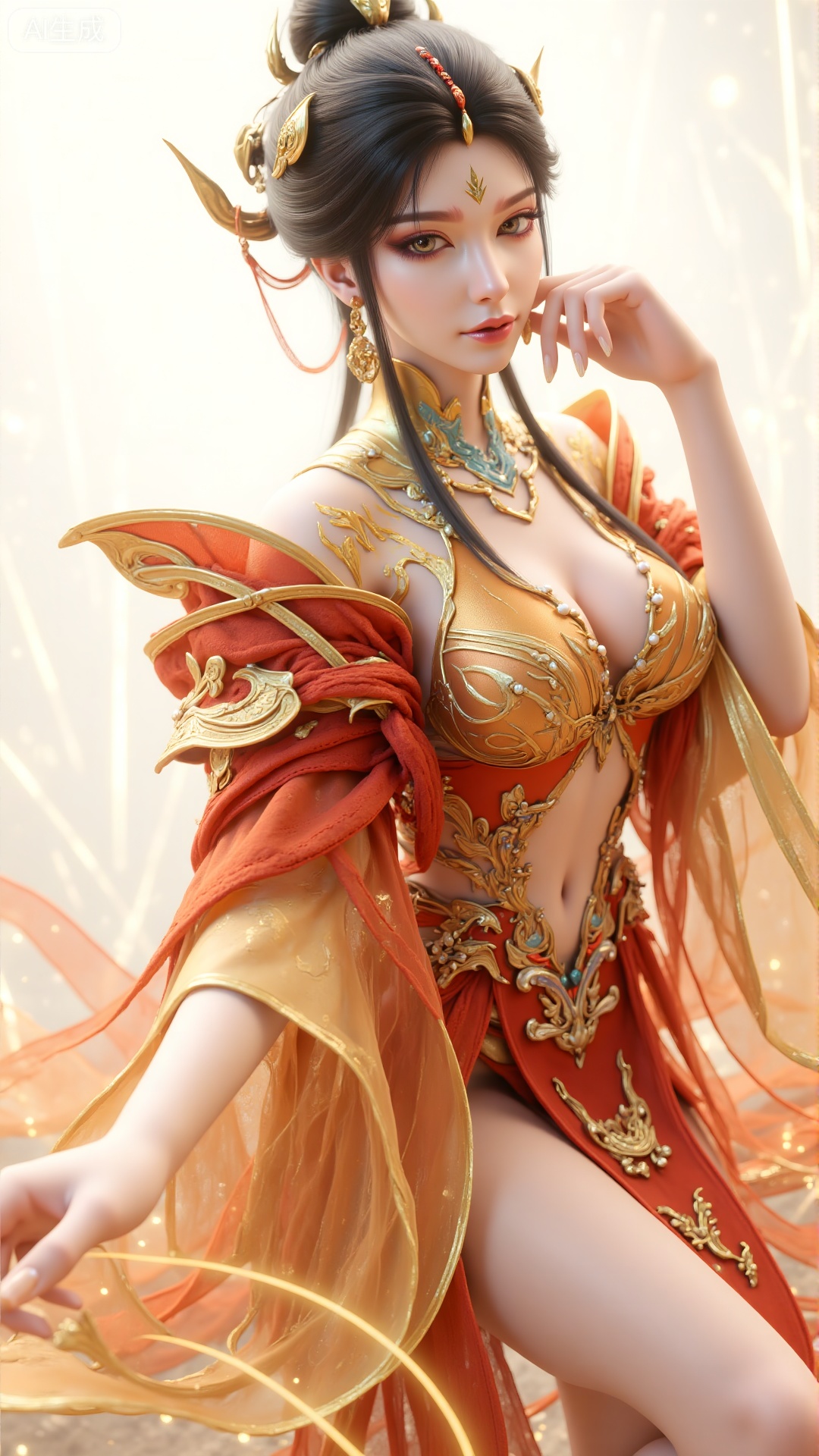 a medium-sized Asian woman is depicted in a stunning fashion. She is adorned with a necklace adorned with pearls and a cro...