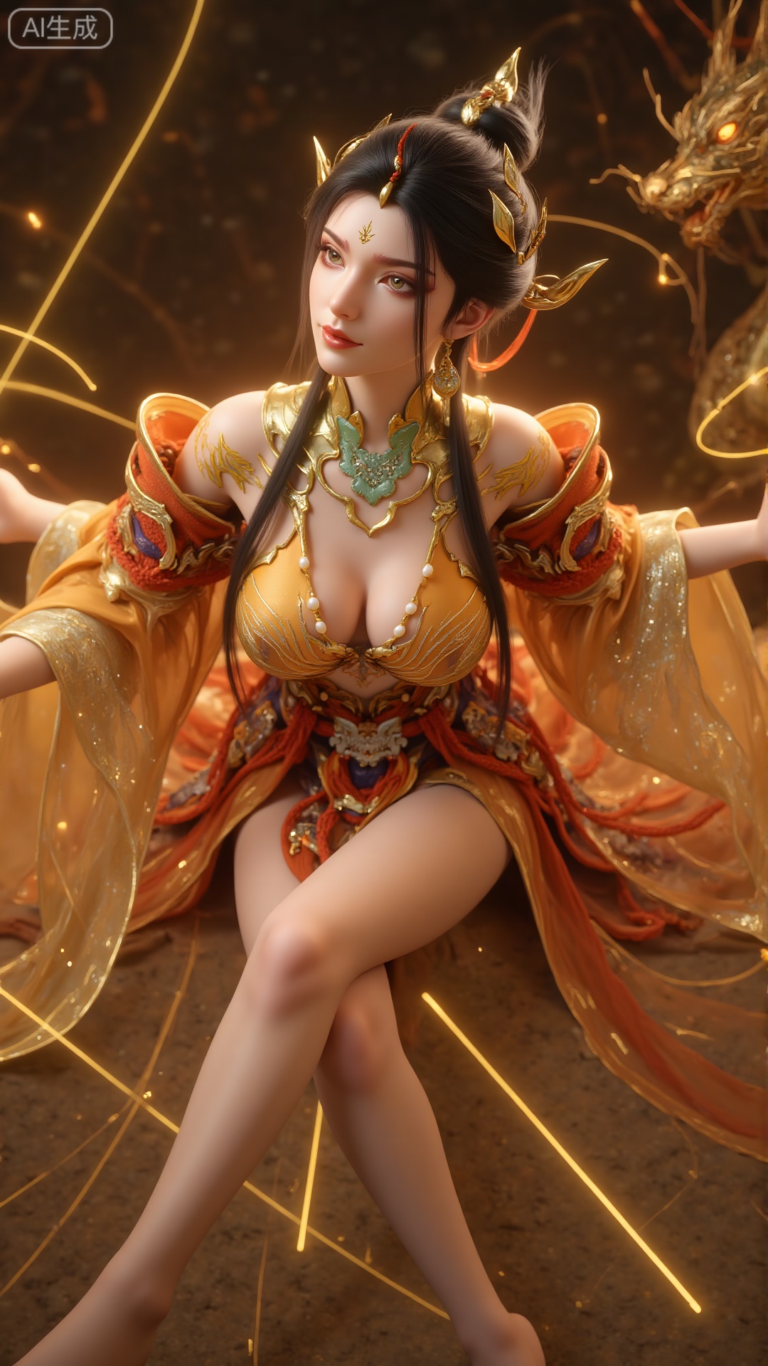 a digital painting of a woman in a golden costume adorned with a green necklace and white pearls. Her hair is adorned with...