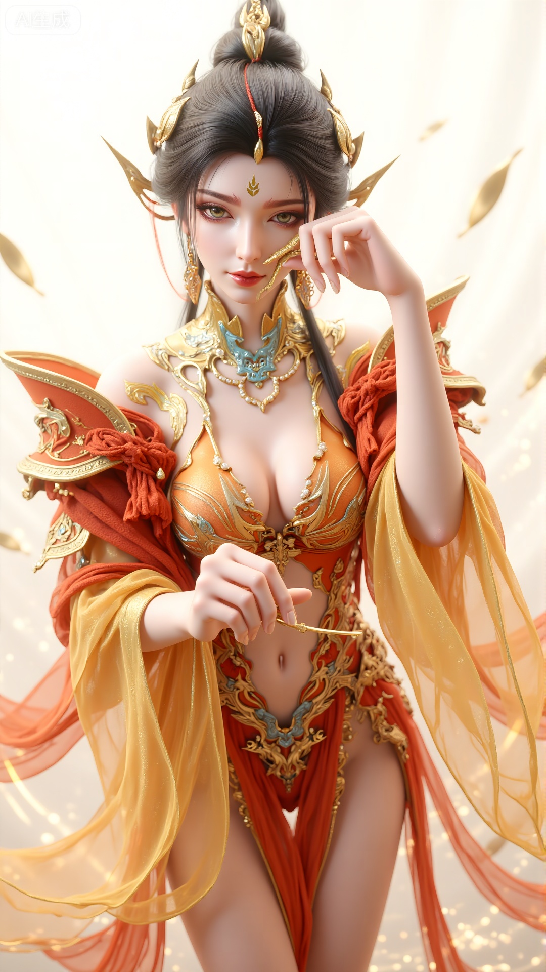 a medium-sized Asian woman is depicted in a stunning fashion. She is adorned with a necklace adorned with pearls and a cro...