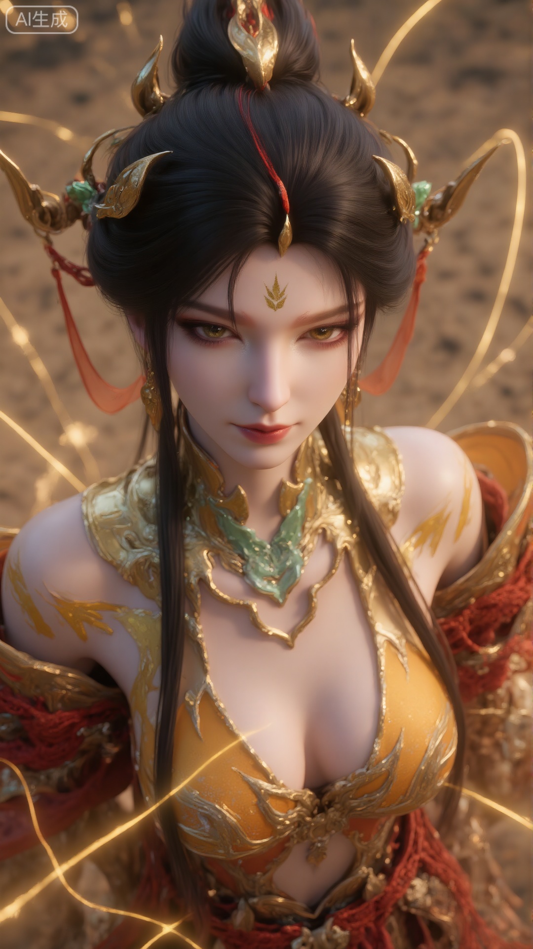 a close-up shot of an Asian woman with long dark hair adorned with a crown and a necklace. The woman's eyes are adorned wi...