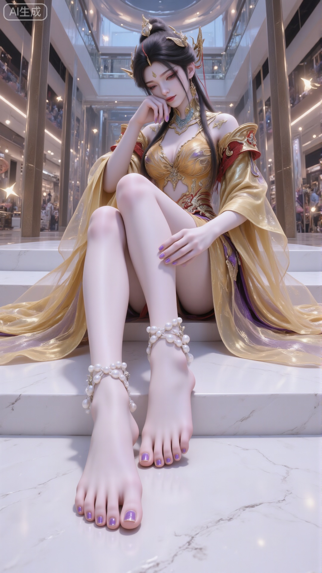 a close-up shot of a Chinese woman

adorned with a crown

is adorned with gold and red accents. She is dressed in a flowing costume

adorned in gold

red

and white pearls. Her hair is dark brown

and her eyes are closed

as if she is sleeping. Her arms are wrapped around her waist

adding a touch of balance to her figure. The background is blurred

suggesting a natural setting.
Sheng Kai'er, perfect figure, yellow clothes, scenery, clear focus, beautiful anime eyes, exquisite details, realistic skin, complex details, perfect body structure: 1.2, facing up The structure is very good. The text, text, and images depict a young woman with full breasts sitting on a modern white staircase platform, and the background seems to be a modern indoor environment, like a shopping center
The woman is sitting with her right leg on the platform and her left leg extended outward Her right hand is placed on her cheek, her left arm is bent, and her hand is placed on her thigh, forming a relaxed and elegant posture Her two long legs are slender and symmetrical, elegant and charming, becoming the center of the picture
This lady's expression is confident, but slightly thoughtful Her eyes were fixed on the audience, her lips tightly closed, with a subtle and knowing smile
The scene design is simple, modern and fashionable The platform she is sitting on is white, with a smooth and clean surface Behind her is a huge glass wall, reflecting the interior of the space and adding depth to the image Bright and uniform lighting is a typical feature of well lit indoor environments, highlighting women and their clothing
Heel decoration: 1.3, purple heel decoration: 1.4, black hair: 1.3, white transparent stockings: barefoot, purple nail polish
