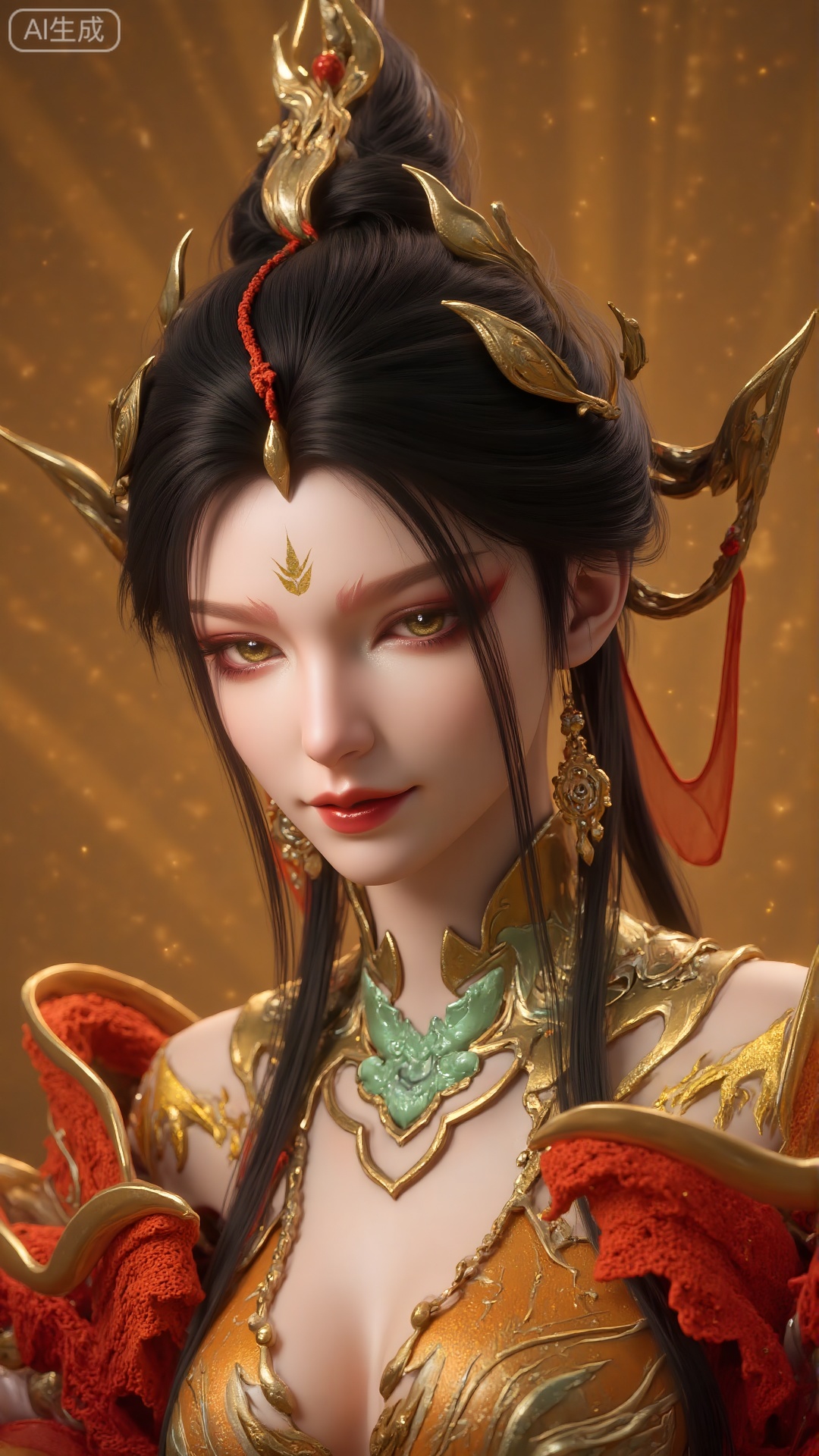 a close-up shot of an Asian woman with long dark hair

adorned with a crown and a necklace. The woman's eyes are adorned with gold

green

and red accents

adding a pop of color to her outfit. Her hair is adorned with two leafs of green and red

adding depth to the composition. The background is a muted yellow

creating a stark contrast to the woman's outfit.

