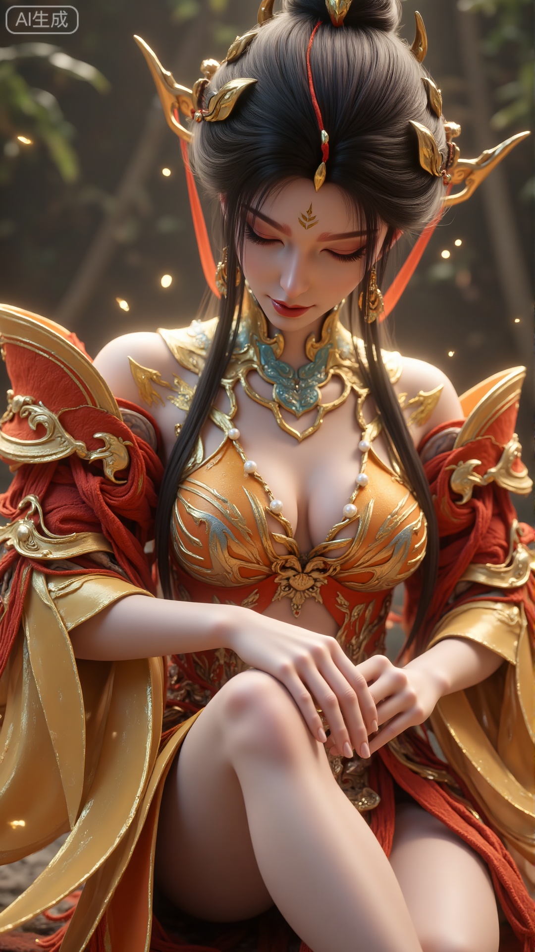 a close-up shot of a Chinese woman adorned with a crown is adorned with gold and red accents. She is dressed in a flowing...