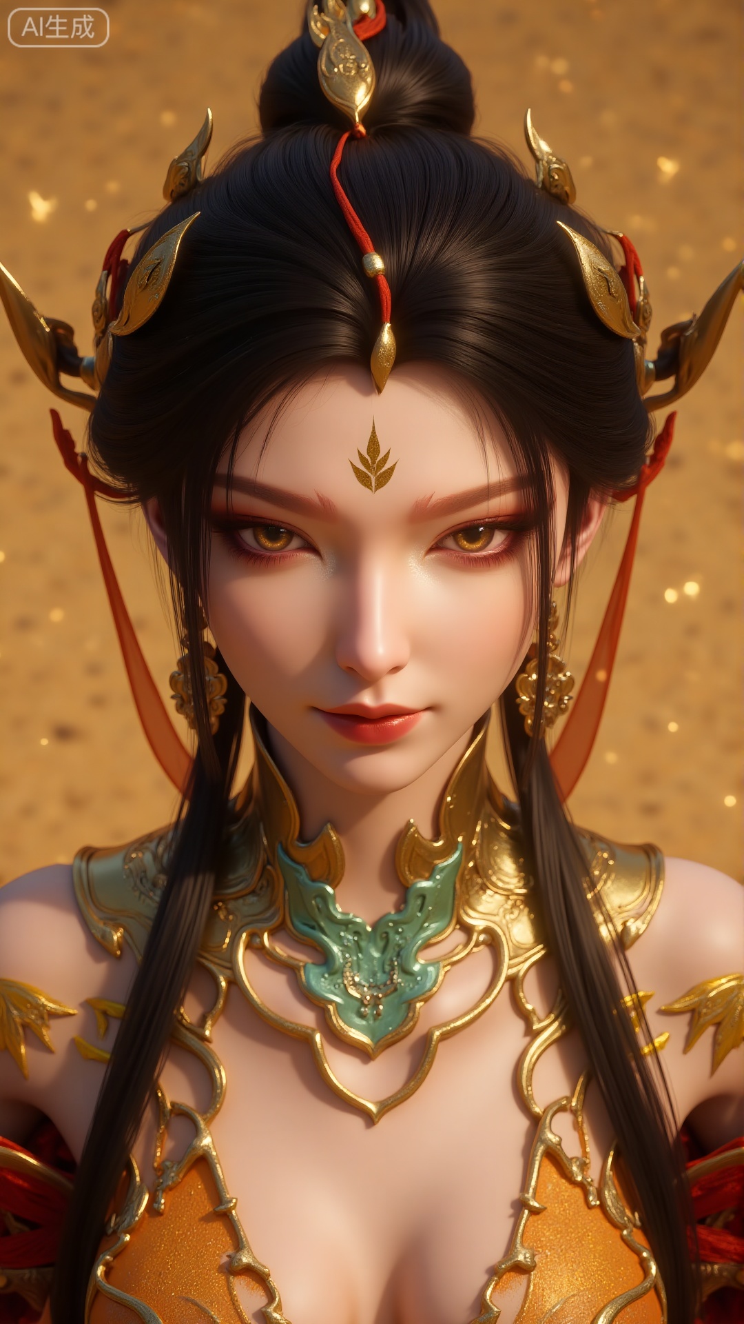a close-up shot of an Asian woman with long dark hair

adorned with a crown and a necklace. The woman's eyes are adorned with gold

green

and red accents

adding a pop of color to her outfit. Her hair is adorned with two leafs of green and red

adding depth to the composition. The background is a muted yellow

creating a stark contrast to the woman's outfit.

