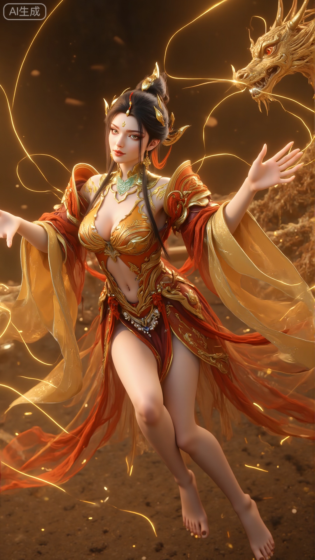 a digital painting of a woman in a golden costume adorned with a green necklace and white pearls. Her hair is adorned with...
