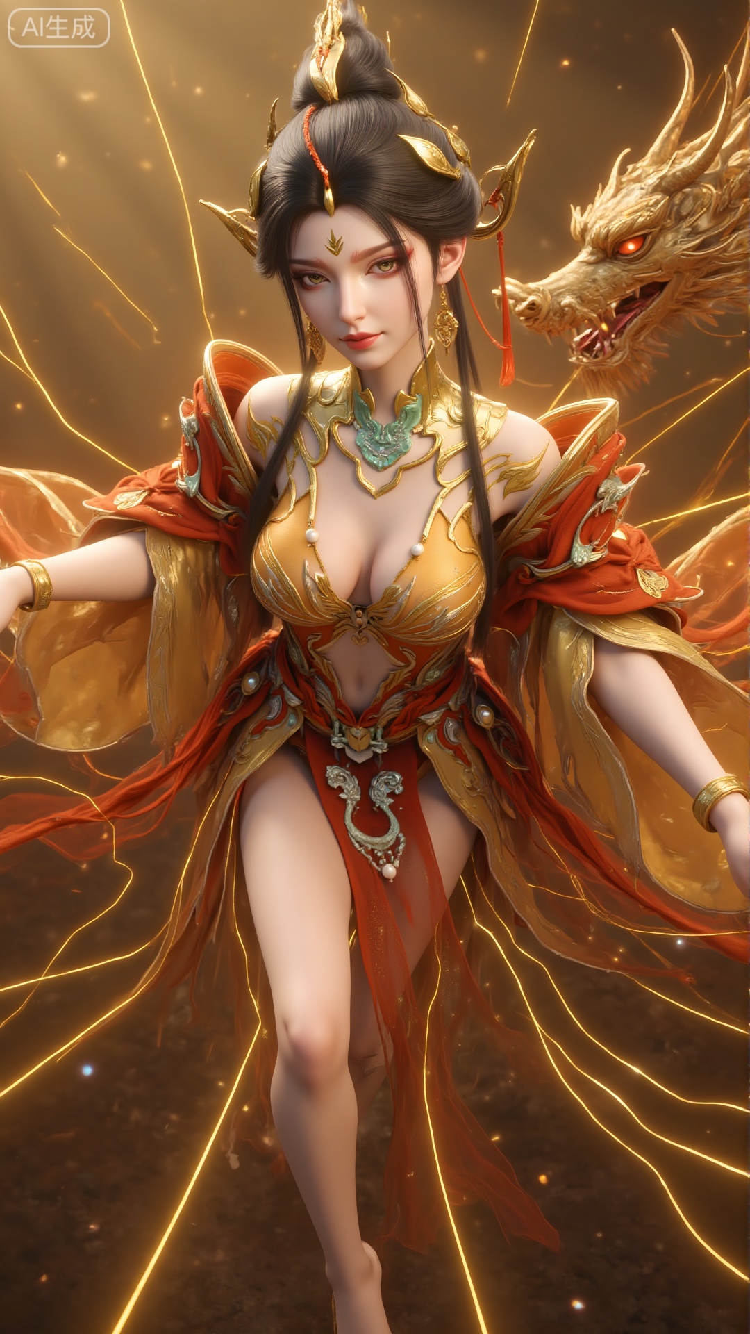 a digital painting of a woman in a golden costume adorned with a green necklace and white pearls. Her hair is adorned with...