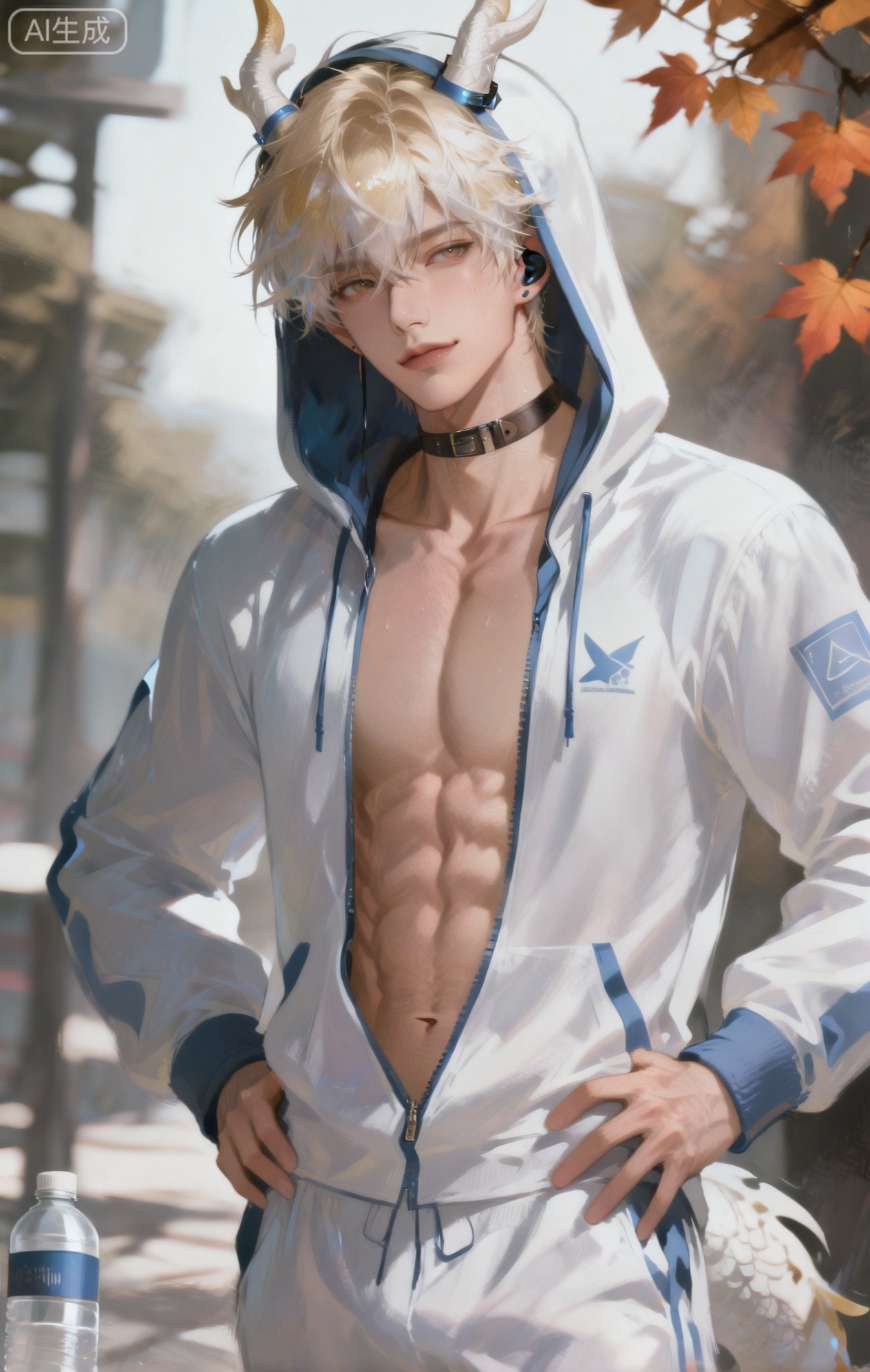 Small note art style,,xiaozhitiao,yu xuan,multicolored hair,White dragon tail,White dragon horns,yellow eyes,white hair,blonde hair,1boy,bangs
,socks,white socks

(artist:remsrar:0.35),(artist:yokoyari mengo:0.6),1boy,foxy hoodie,hood up,white underwear,white socks,defined abs,post-run pose stretching hamstrings,smiling with hands on hips,holding stainless steel water bottle,outdoor light with golden hour quality,sidewalk background with autumn leaves,blurred trees in burnt orange,athletic build with visible obliques,fur texture with gradient red-brown,fox tail detail with white tip,zipped hoodie revealing collarbone,collar stretch from activewear,hand veins with raised capillaries,water bottle label with "FOXY FITNESS" logo,light sweat on temples,eyelid crease,shirt hem fraying at bottom,8k,graffiti wall with fox stencil,sidewalk cracks filled with moss,earbud cord tangled around neck,street sign reflection showing distance markers