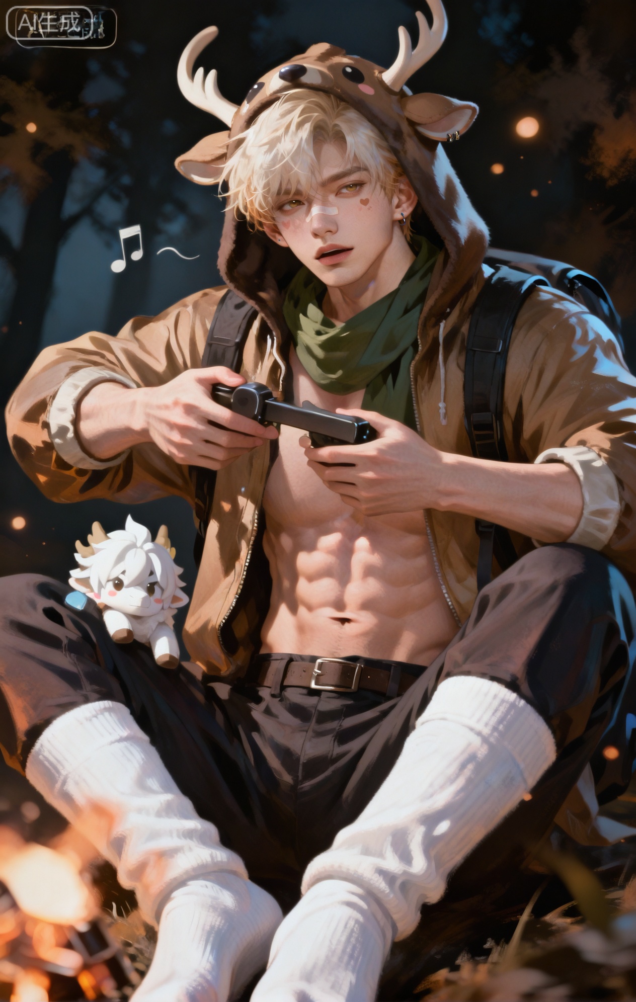 Small note art style,,xiaozhitiao,yu xuan,multicolored hair,White dragon tail,White dragon horns,yellow eyes,white hair,blonde hair,1boy,bangs
,socks,white socks

masterpiece, best quality, highres, absurdres, perfect lighting, male, masculine, athletic, muscular, large pectorals, abs, light skin, bara, (a gentle, singing expression, looking at viewer:1.4), ear piercings, (deer hood with small antlers:1.3), heart facial mark, crossed bandaids, (stickers on face:1.2), bandaid on nose, (wearing an open brown flannel hood jacket, revealing abs:1.4), (a forest green scarf:1.4), (jeans:1.2), (thick wool socks:1.2), sitting on a log by a campfire, (playing a ukulele:1.4), (a deer plushie strapped to his hiking backpack leaning against the log:1.4), light particles, glitter, fireflies, sparks from fire, outdoors, campsite, forest at night, dynamic pose, splash art, (text:1.3), dynamic angle, beautiful background, detailed background, (camping theme:1.3), (brown theme:1.2), (gradient theme:1.4)


