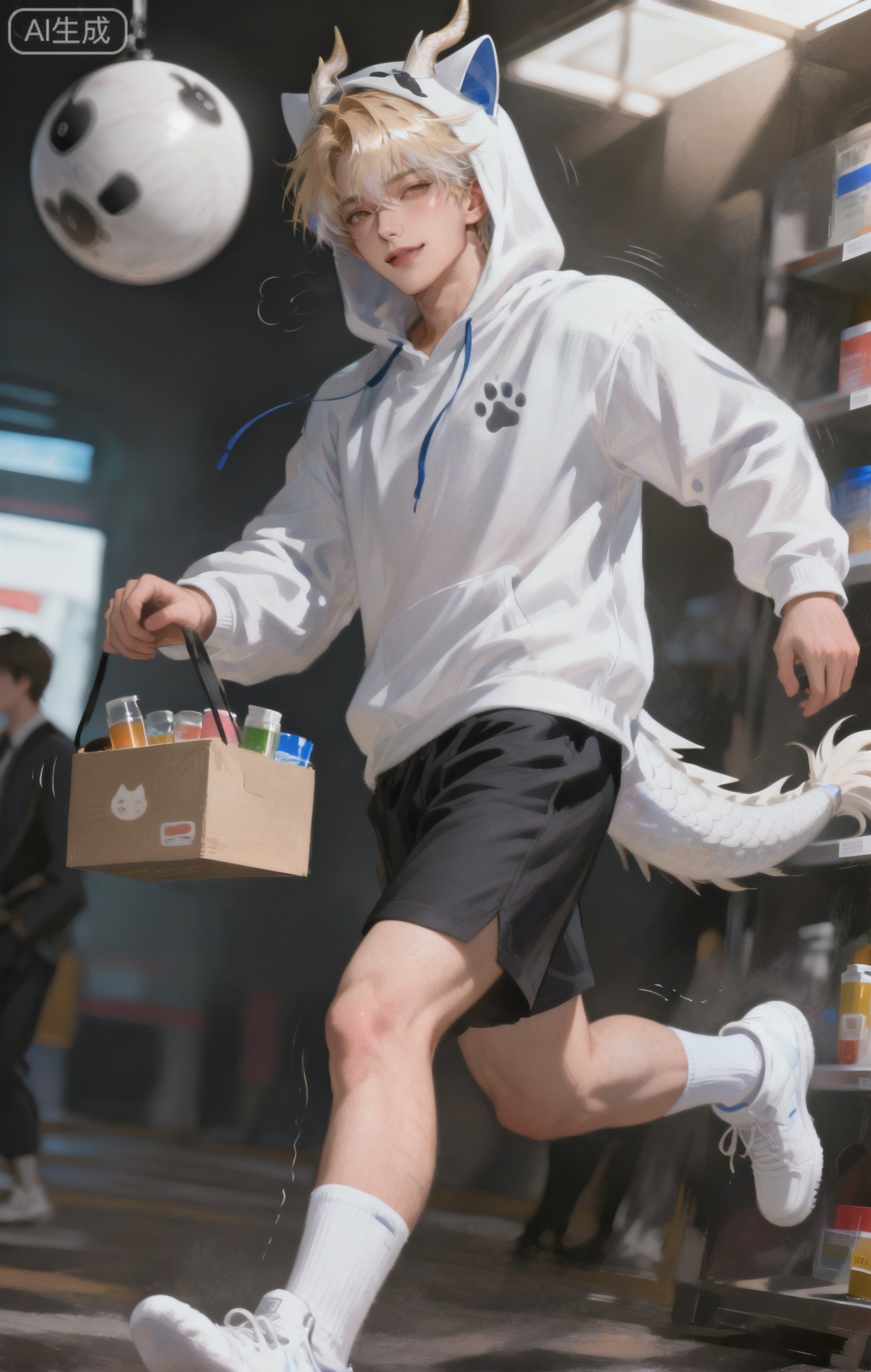 Small note art style,,xiaozhitiao,yu xuan,multicolored hair,White dragon tail,White dragon horns,yellow eyes,white hair,blonde hair,1boy,bangs
,socks,white socks

masterpiece, best quality, absurdres, 8k, 1boy, solo, male focus,(character: wearing a cat kigurumi), (cat hood), (hood up),(action: standing in an empty convenience store at night, chasing a small, shiny ball that's rolling around the aisles),(expression: an excited, playful smile), (eyes wide and focused on the ball), (a blush from the energetic running),(details: harsh fluorescent lighting highlighting the cat's whiskers on the hood, the soft paws of the kigurumi, the shiny ball reflecting the light, products on the shelves shaking as he runs past),(background: shelves filled with pet - related products and snacks, a drink cooler with a cat - paw print sticker, a cardboard box that the ball keeps bouncing off of)




