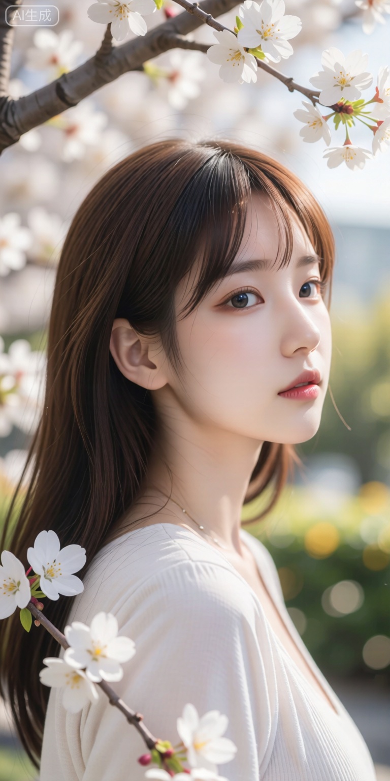 画面以花枝环绕的春日意象为主题,棕发齐刘海女性侧转脸庞,神情宁静,白色衣物与细腻肤色柔和过渡。前景与背景布满绽放的白色小花,暖色光斑虚化形成朦胧光晕,花朵贴近面部增添诗意。构图以人物为中心、花枝为框架,暖棕与白色调交织,营造出沉浸于自然中的静谧美好感。

