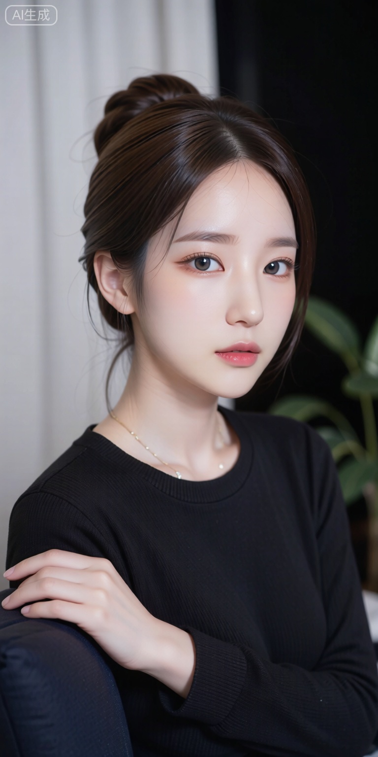 画面以近景特写聚焦一位棕发女性,她将头发盘成利落发髻,露出光洁额头,面部妆容精致——眉形整齐,睫毛卷翘,鼻梁挺直,唇色自然,左嘴角旁一颗小痣成为面部独特细节。她身着黑色圆领上衣,右手轻搭身前深色物体,姿态端庄优雅。背景虚化处理,左侧白色窗帘与右侧绿植轮廓柔和过渡,黑、白、肤色构成主色调,构图简洁主体突出,整体营造出静谧温婉的室内人像氛围。

