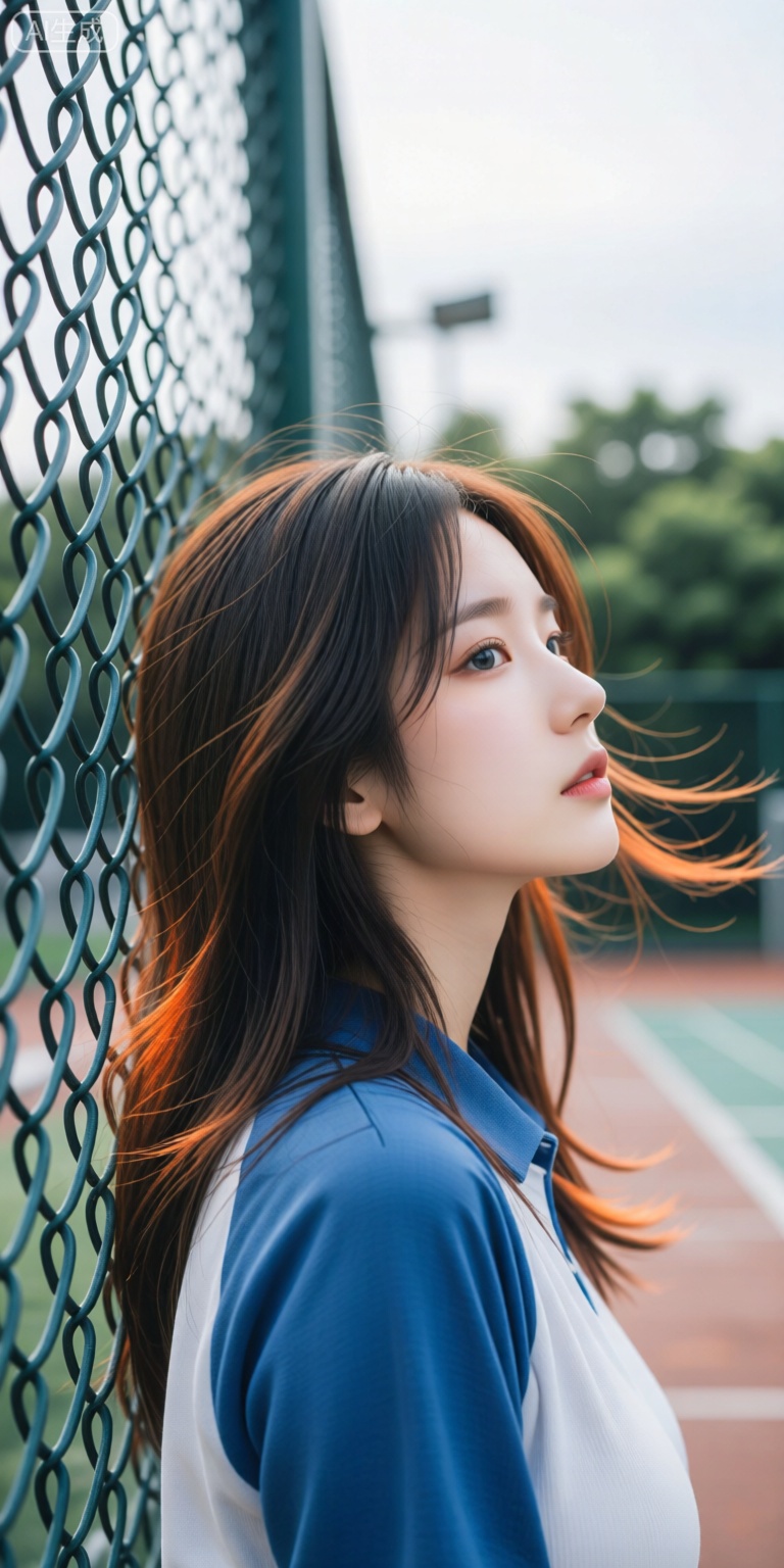 图片捕捉女性迎风伫立的瞬间,她长发飞扬,发丝边缘泛暖橙色光泽,身着蓝白上衣侧首远眺。左侧铁丝网切割画面空间,背景虚化的冷绿色树木与朦胧天空形成色调对比。构图通过动态发丝与静态铁丝网的冲突感,以及冷暖色调碰撞,传递出静谧中略带忧郁的复杂情绪。

