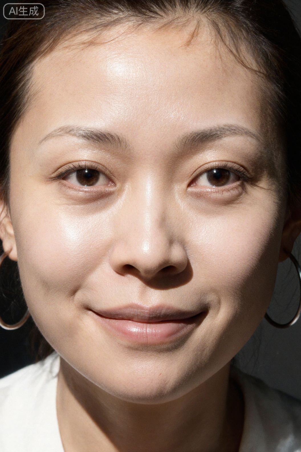 Beautiful woman facing the camera, Panasonic S1R, 60mm F2.8 lens, f/2.5 aperture, ISO 125, 1/200s shutter; [Light] Naked light + The soft light mask is used to light the whole area (no vignetting), and the light covers the complete head (including the top of the hair and behind the ears) to the lower part of the chest; [Posture and Expression] The character looks up directly at the camera, the head is not cropped (the top of the hair and hairline are intact), the chest is naturally raised and softens the outline of the cleavage, and the eyes are sweet and smiling; [Presentation] Close-up shows the complete head + skin is smooth and shiny, the cleavage is natural and unobtrusive, there are no dark corners in the picture, and the character is overall stretched