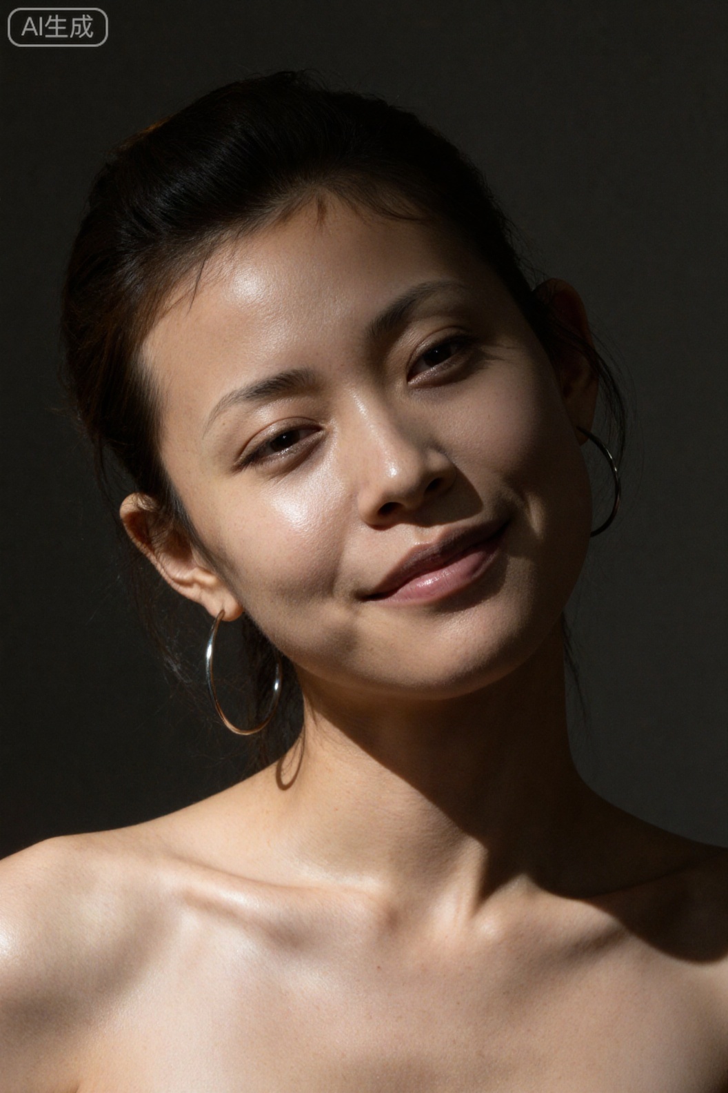 Canon EOS R6 Mark II, 85mm F1.4 lens, f/1.8 aperture, ISO 160, 1/180s shutter; [Light] Ambient soft light + The main light covers the whole area (no vignetting), and the light covers the complete head (including the top of the hair and hairline) to the chest; [Posture and Expression] The character tilts his head slightly, the head is not cropped (the top of the hair and behind the ears are intact), the shoulders are high and low to highlight the cleavage, and there is a slight smile at the corner of the mouth; [Presentation] The close-up clearly shows the complete head + the skin is soft and shiny, the cleavage is natural, the picture has no dark corners, and the character is in a flexible state.