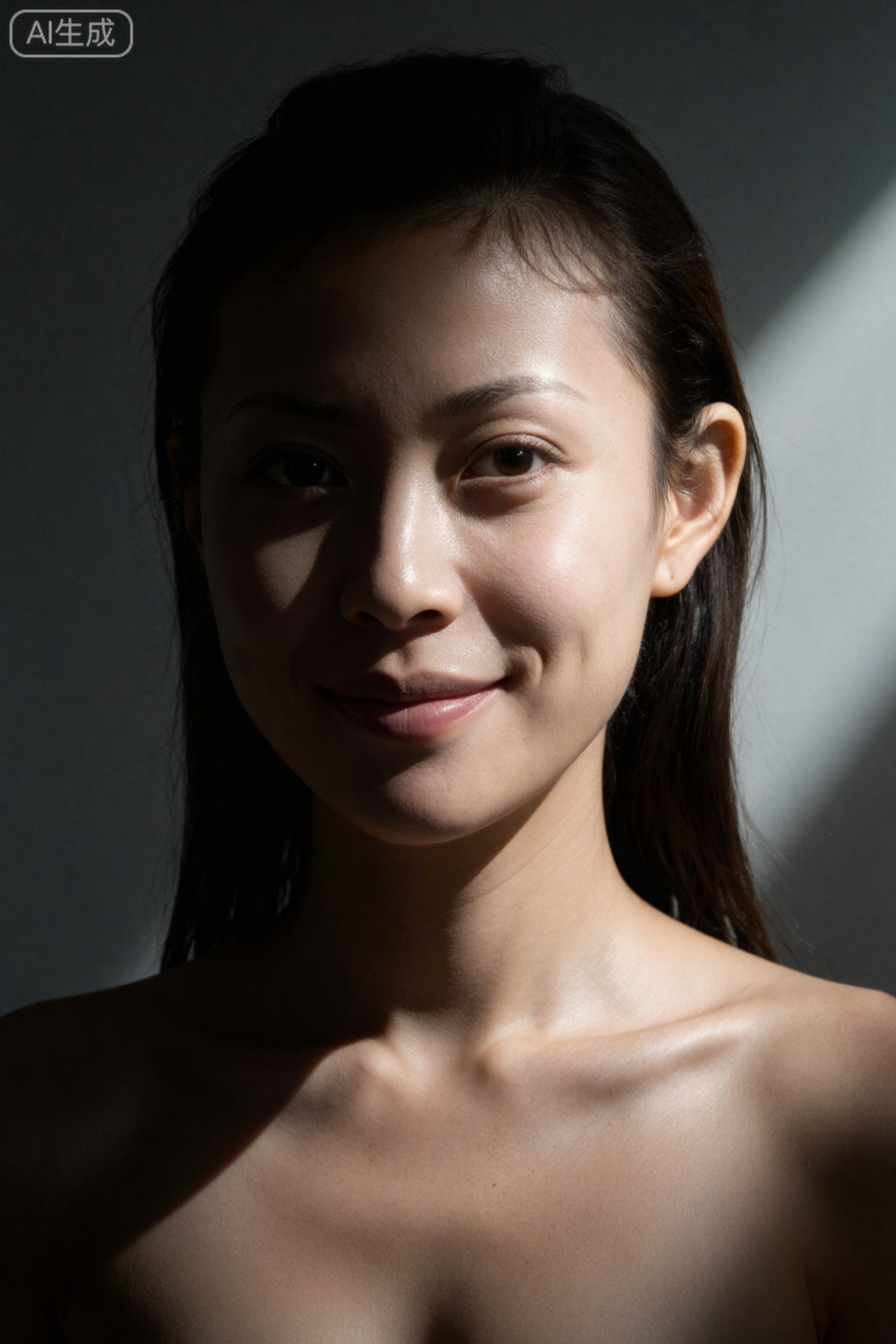 Beautiful woman facing the camera, Panasonic S1R, 60mm F2.8 lens, f/2.5 aperture, ISO 125, 1/200s shutter; [Light] Naked light + The soft light mask is used to light the whole area (no vignetting), and the light covers the complete head (including the top of the hair and behind the ears) to the lower part of the chest; [Posture and Expression] The character looks up directly at the camera, the head is not cropped (the top of the hair and hairline are intact), the chest is naturally raised and softens the outline of the cleavage, and the eyes are sweet and smiling; [Presentation] Close-up shows the complete head + skin is smooth and shiny, the cleavage is natural and unobtrusive, there are no dark corners in the picture, and the character is overall stretched
