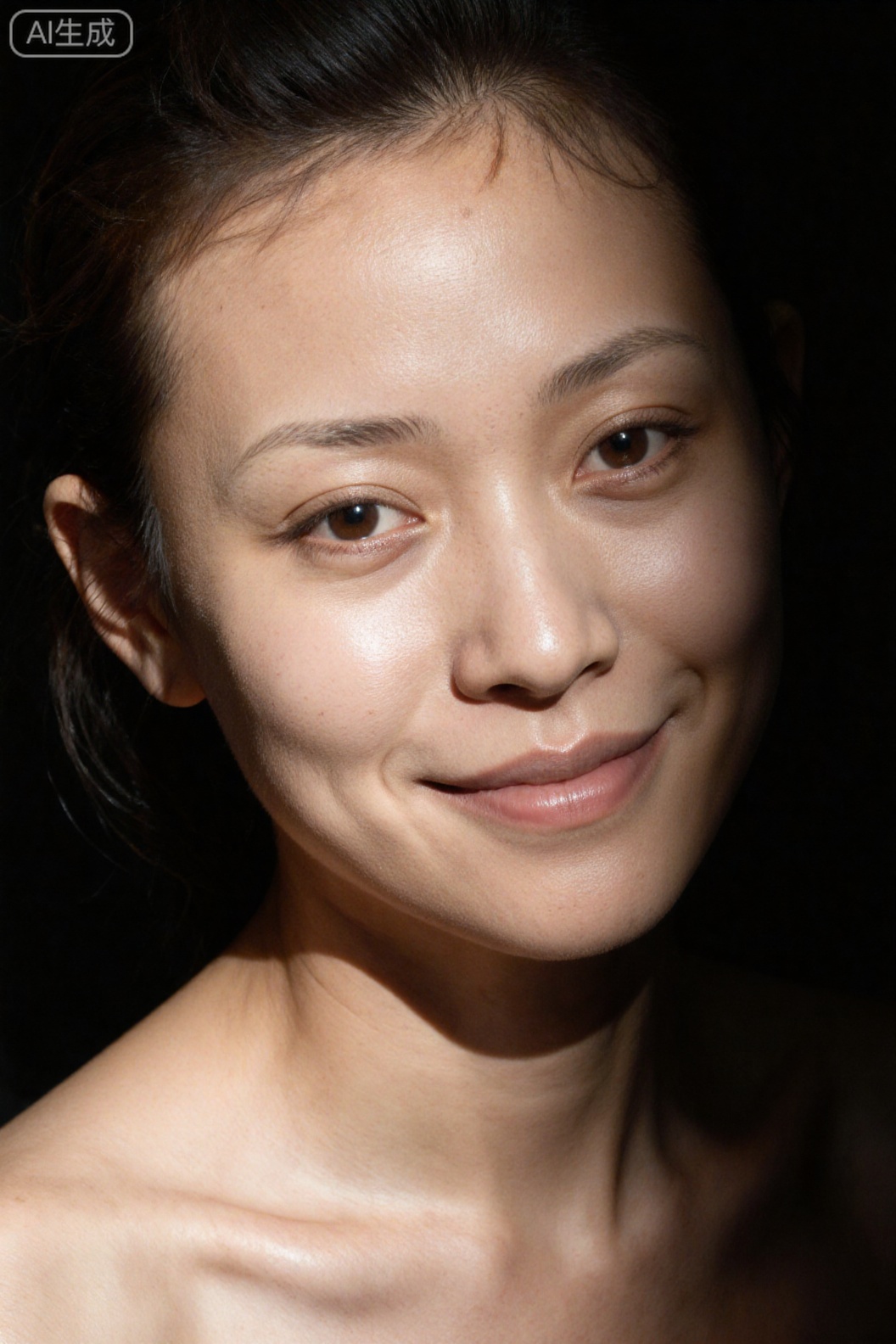 Canon EOS R6 Mark II, 85mm F1.4 lens, f/1.8 aperture, ISO 160, 1/180s shutter; [Light] Ambient soft light + The main light covers the whole area (no vignetting), and the light covers the complete head (including the top of the hair and hairline) to the chest; [Posture and Expression] The character tilts his head slightly, the head is not cropped (the top of the hair and behind the ears are intact), the shoulders are high and low to highlight the cleavage, and there is a slight smile at the corner of the mouth; [Presentation] The close-up clearly shows the complete head + the skin is soft and shiny, the cleavage is natural, the picture has no dark corners, and the character is in a flexible state.