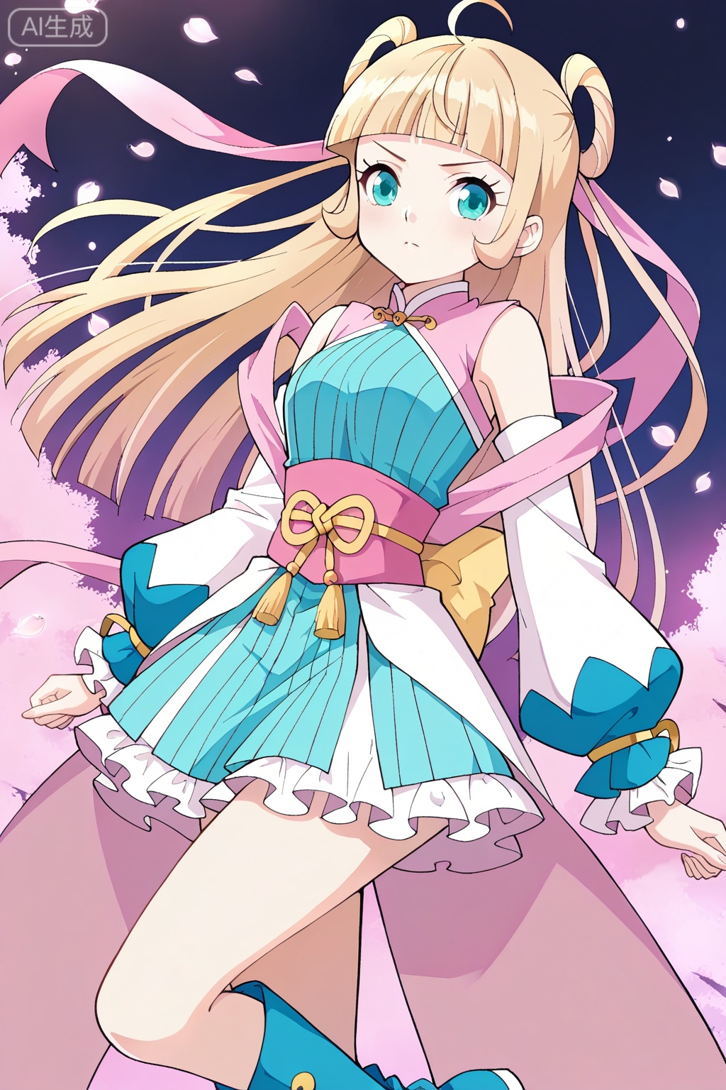 慕青鸾,1girl, solo, blonde hair, twin buns, long hair, ahoge, blunt bangs, teal eyes, anime style,blue and pink outfit, oriental dress, short dress, frilled skirt, pink sash, golden bow, detached sleeves, long sleeves, blue boots, big cuffs, ribbon details, open shoulders,