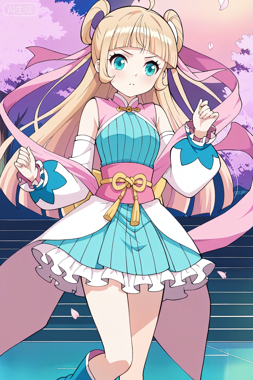慕青鸾,1girl, solo, blonde hair, twin buns, long hair, ahoge, blunt bangs, teal eyes, anime style,blue and pink outfit, oriental dress, short dress, frilled skirt, pink sash, golden bow, detached sleeves, long sleeves, blue boots, big cuffs, ribbon details, open shoulders,