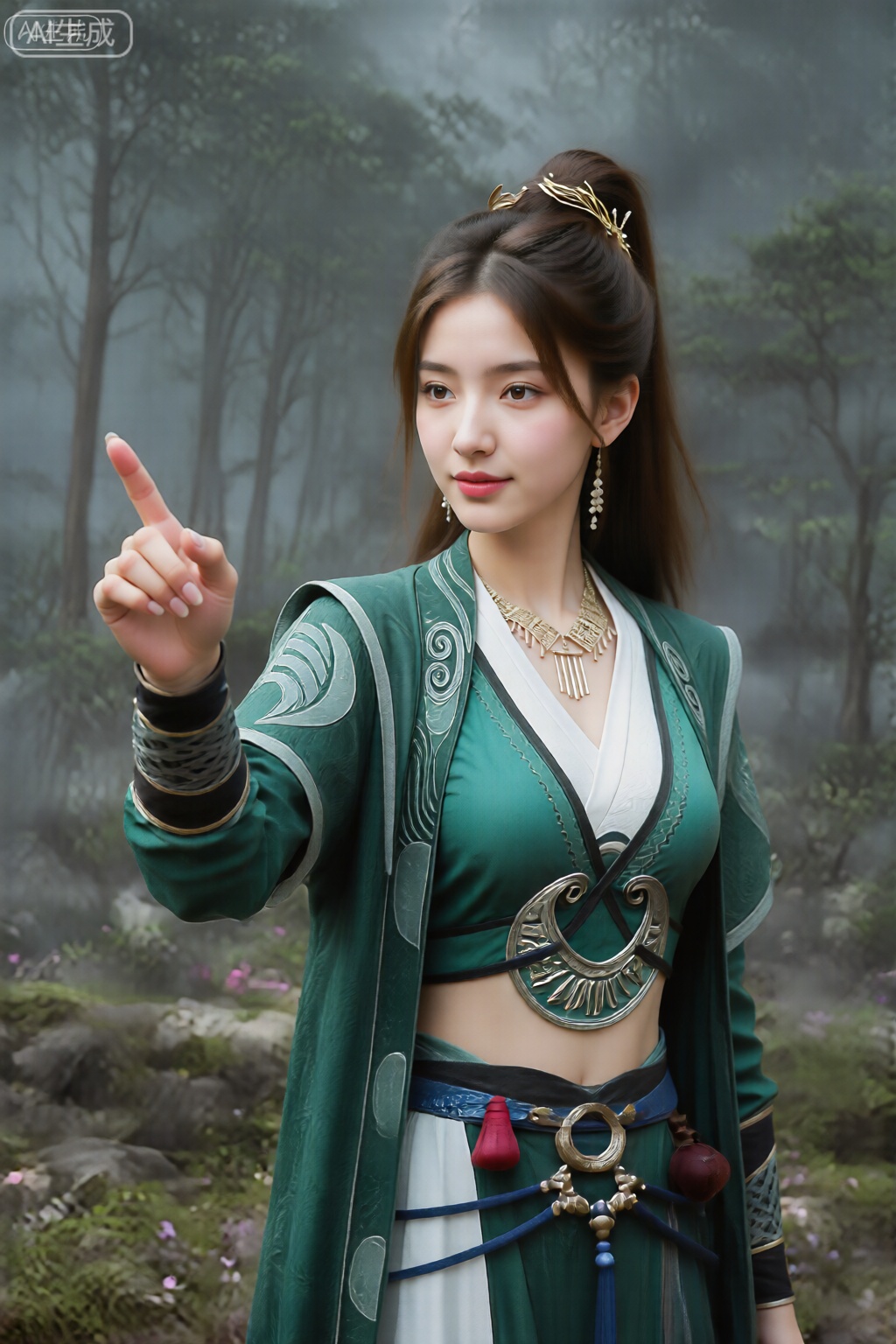 美颜,皮肤质感水润光滑年轻,去AI 感, 职业微笑,
图像中是一位年轻女子,长长的直发扎成高高的马尾辫,饰有精致的金色发夹。她的脸庞光滑,五官柔和,表情平静,粉红色的嘴唇和长长的、垂下来的耳环。她穿着一套精致的传统风格服装,采用绿白配色。外层是绿色长袍,边缘和袖子上有复杂的银色图案,内层是深V领的白色服装。腰部系着一个显眼的圆形银色饰物,带有几何图案,配有蓝色腰带和红色小袋。她举起右手,食指指向前方,指甲修剪得整整齐齐,呈浅色。背景是一片薄雾笼罩的森林景观,树木高大、细长,有些还长着绿色的叶子,岩石长满青苔的地面上散布着粉红色和紫色的小花。