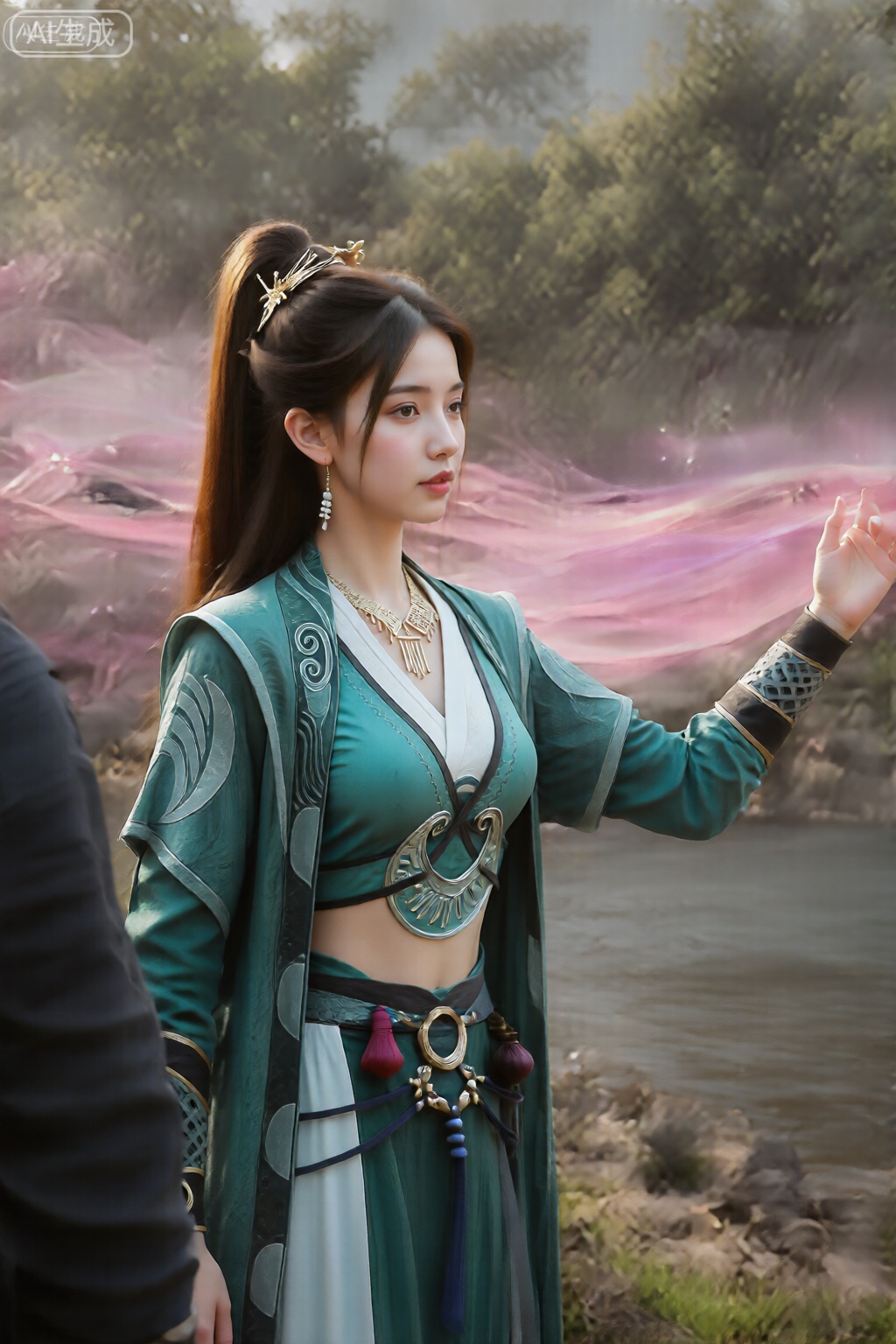 美颜,皮肤质感水润光滑年轻,去AI 感, 
一位女士站在户外,她长长的深色头发扎成高高的马尾辫,并饰有华丽的金色发夹。她穿着一套带有复杂图案的奇幻风格青色服装：带有圆形金属吊坠的短款上衣,以及带有白色和深色青色装饰的飘逸长袍。她的右臂伸出,手中流淌出粉红、紫色、白色的丝带般充满活力的光芒,身后还拖着闪闪发光的光芒。她戴着垂坠的耳环和一条引人注目的项链。背景是自然景观,有树木、岩石和水体,沐浴在柔和温暖的阳光下。发光的丝带和宁静的环境增强了场景的空灵、神奇的氛围。在她的左边可以看到一个穿着深色衣服的部分人物