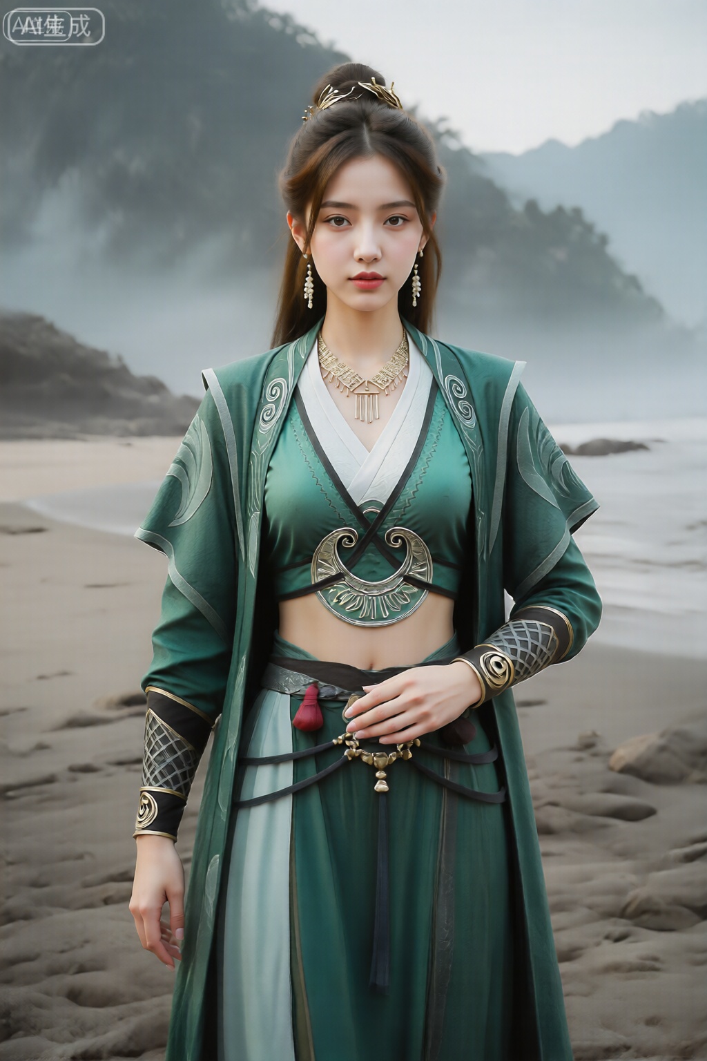 美颜,皮肤质感水润光滑年轻,去AI 感, 
该图像描绘了一个人站在岩石沙滩上,背景是薄雾缭绕的山区。此人穿着精致的传统东亚风格服装。服装以绿色为主,带有复杂的银色和金色刺绣和细节。该服装由飘逸的长袍组成,高领宽袖,饰有几何图案和花卉图案。该人在长袍下面还穿着一件短款上衣,露出了部分中腹部,其中有一个带有漩涡设计的装饰性新月形部件。该套装配有个性项链、耳环和护臂,这些护臂具有网格状图案和圆形装饰。这个人的头发盘成高髻,并用发夹装饰。柔和的灯光和自然景观增强了整个场景的宁静和神秘气氛。