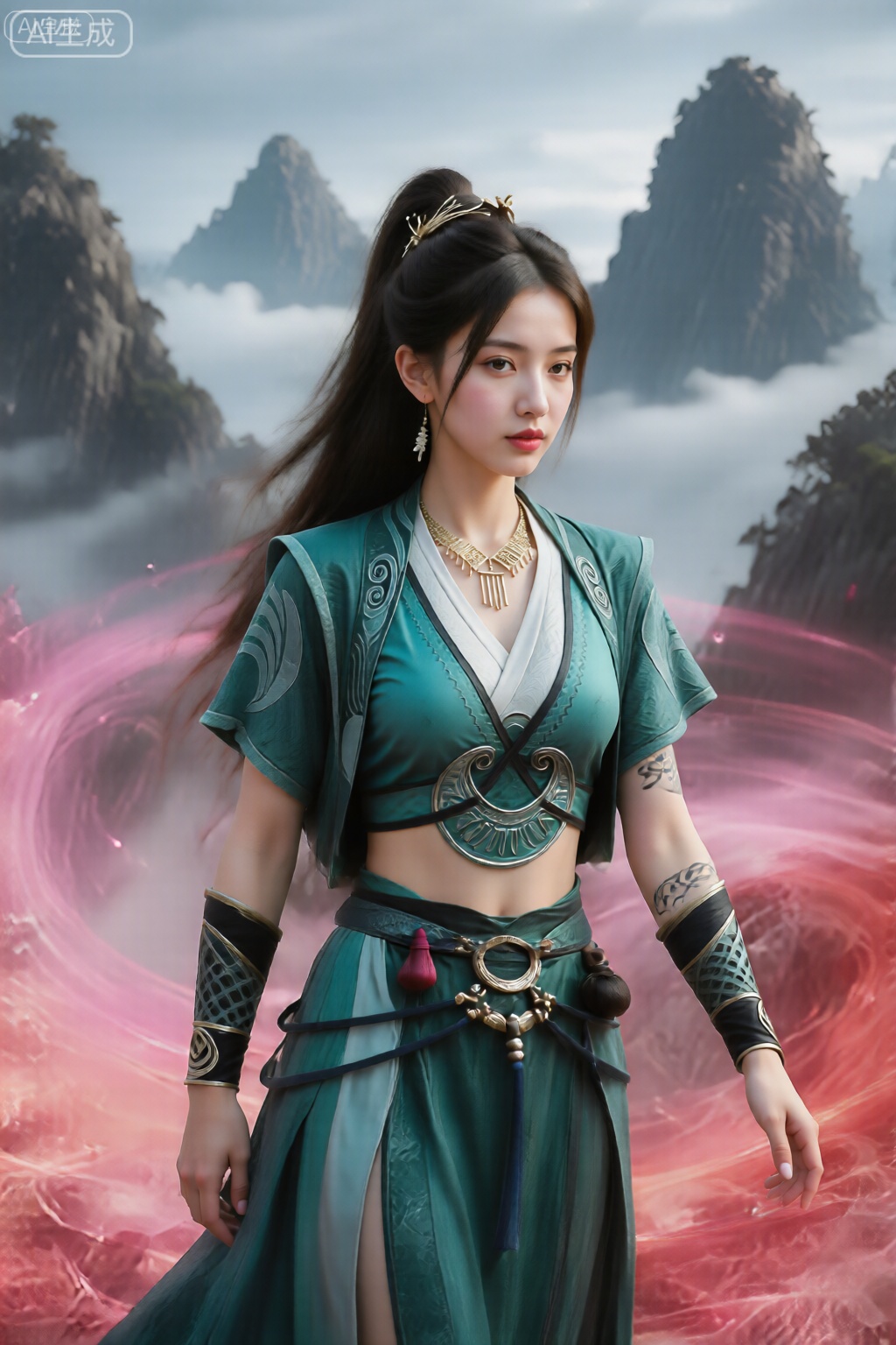 美颜,皮肤质感水润光滑年轻,去AI 感, 
这张照片的主角是一位年轻女子,她留着长长的黑发,扎着高马尾辫。她穿着一套精致的青色服装,图案和设计复杂,包括深V 领短款上衣和飘逸长裙。该服装具有金属质感和分层设计,赋予其奇幻或武术美感。她还戴着一条带有金色吊坠的项链,左臂上有类似纹身的图案。 背景是一片奇幻的风景,高耸的锯齿状山脉部分笼罩在云彩中。女人周围有充满活力的、旋转的粉色和红色能量或光线图案,为场景增添了动态和神奇的元素。整体气氛空灵而超凡脱俗。