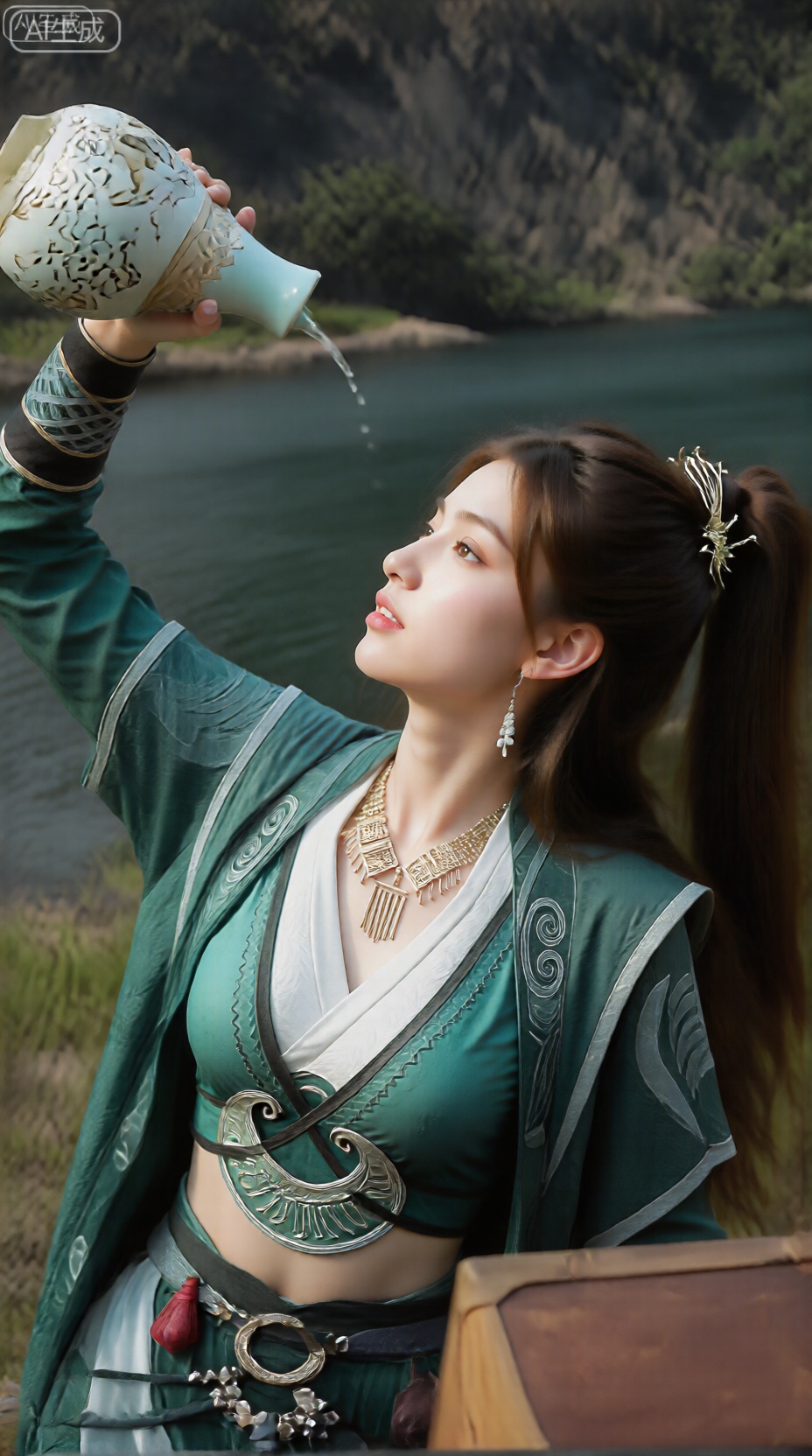 该图像描绘了一个穿着传统、设计复杂的服装的人。服装以深绿色为主,带有白色和银色刺绣,白色内层与外衣形成鲜明对比。该人手持一个浅蓝色和白色的花瓶,上面装饰着金色图案,水正在从花瓶中倒出。她们的深色长发扎成高马尾辫,并用银色发饰固定。脖子上挂着一条带有几何和流苏图案的金项链。在背景中,可以看到宁静的自然景观：一片水体（可能是湖泊或河流）,绿色植物和岩石地形模糊。前景包括右下角附近的一个棕色盒子或箱子。整个场景设置在户外,将传统服装与宁静、充满自然的环境融为一体。