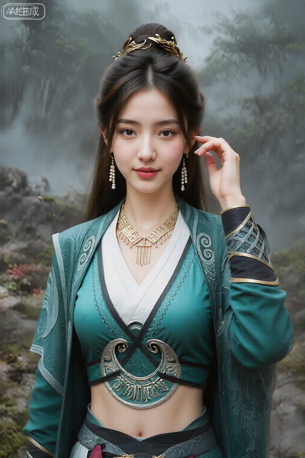美颜,皮肤质感水润光滑年轻,去AI 感, 职业微笑,
该图像描绘了一位身着精致传统服装的年轻女子。她的头发盘成优雅的高髻,饰有叶子状图案的金色假发。她有一头又长又直的黑发从背上垂下来。她的妆容很微妙,重点是她的眼睛,并用眼线和睫毛膏强调。 她穿着一件青色和白色的衣服,上面有复杂的图案和设计。她服装的上半部分是一件剪裁合身的高领服装,在她的躯干中央有一个大而华丽的银色和青色圆形设计。除此之外,她还有一件配套的青色长袍,上面有白色和银色的细节,包括漩涡图案和几何形状。长袍的宽袖部分敞开,露出内衬上复杂的设计。 她还戴着一条几何图案的金色项链,胸前中央挂着一个吊坠。她的耳环长而悬垂,由白色珠子和金色元素制成。背景是雾气蒙蒙的森林景观,岩石、苔藓和色彩缤纷的植物,营造出神秘而宁静的氛围。整体给人的印象是一种优雅和幻想,让人想起中国古代或神话故事中的人物。