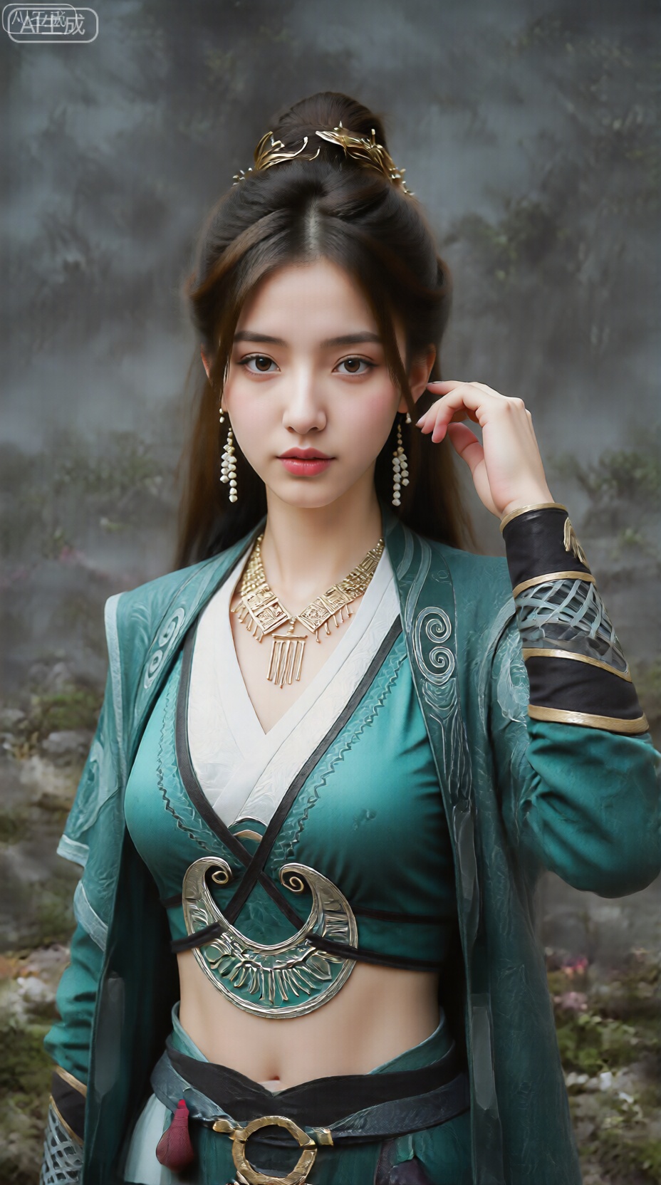 该图像描绘了一位身着精致传统服装的年轻女子。她的头发盘成优雅的高髻,饰有叶子状图案的金色假发。她有一头又长又直的黑发从背上垂下来。她的妆容很微妙,重点是她的眼睛,并用眼线和睫毛膏强调。 她穿着一件青色和白色的衣服,上面有复杂的图案和设计。她服装的上半部分是一件剪裁合身的高领服装,在她的躯干中央有一个大而华丽的银色和青色圆形设计。除此之外,她还有一件配套的青色长袍,上面有白色和银色的细节,包括漩涡图案和几何形状。长袍的宽袖部分敞开,露出内衬上复杂的设计。 她还戴着一条几何图案的金色项链,胸前中央挂着一个吊坠。她的耳环长而悬垂,由白色珠子和金色元素制成。背景是雾气蒙蒙的森林景观,岩石、苔藓和色彩缤纷的植物,营造出神秘而宁静的氛围。整体给人的印象是一种优雅和幻想,让人想起中国古代或神话故事中的人物。