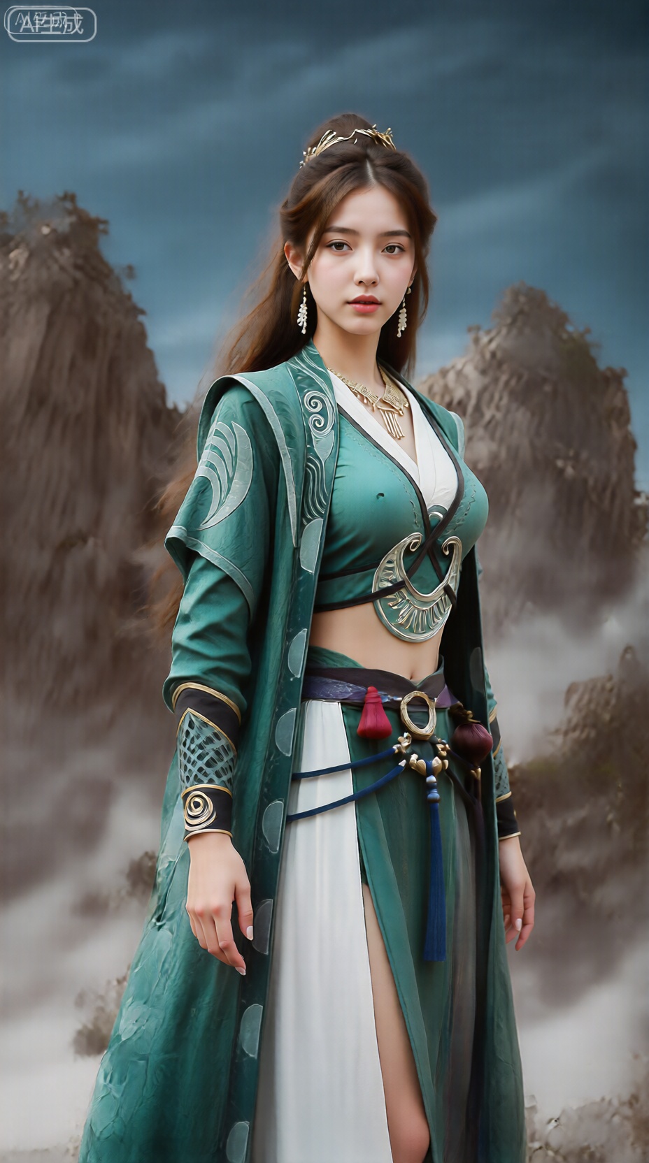 该图像描绘了一位女士站在多云的天空下引人注目的山地景观前。她穿着一套精致的、充满幻想色彩的服装,颜色丰富,带有复杂的图案和设计。 她的服装是一件飘逸的长袍,高领宽袖,饰有漩涡图案和几何图案等装饰元素。长袍的腰部用腰带收紧,腰带上装有各种配饰,包括流苏和小袋。在长袍下面,她穿着一件合身的短款上衣,露出腹部,还有一条白色的高开衩百褶裙。 她长长的棕色头发披散在身后,戴着精致的头饰。她脸上的表情平静而从容。背景展示了崎岖的悬崖和岩石结构,薄雾或云彩增添了场景的空灵气氛。