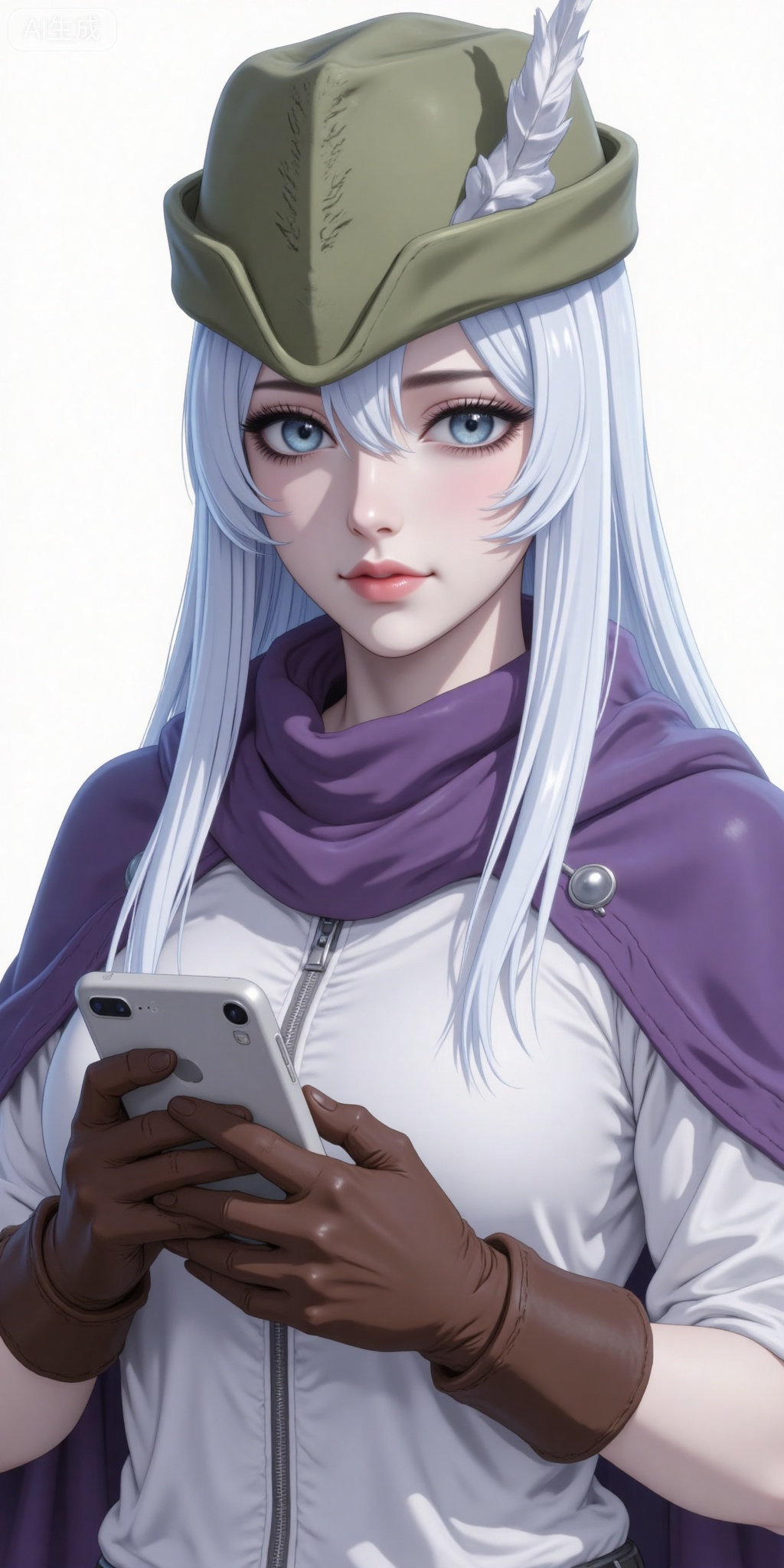 1girl, solo, long hair, blue eyes, gloves, hat, white hair, phone, cellphone, smartphone, brown gloves, holding phone